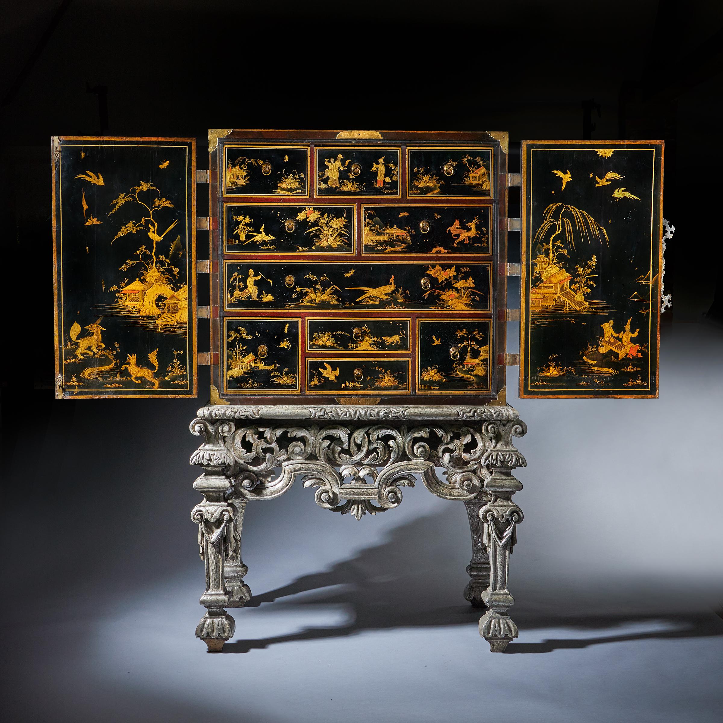 17th Century William and Mary Japanned Cabinet on Original Silver Gilt Stand 3