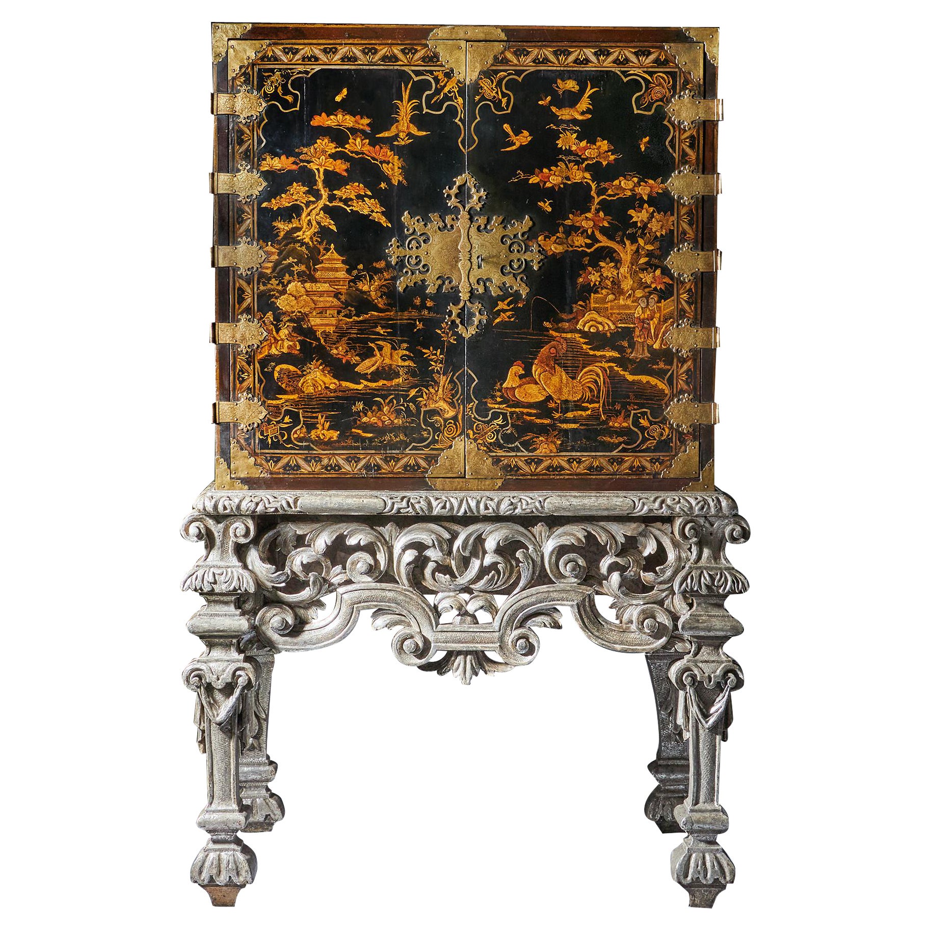 17th Century William and Mary Japanned Cabinet on Original Silver Gilt Stand 2