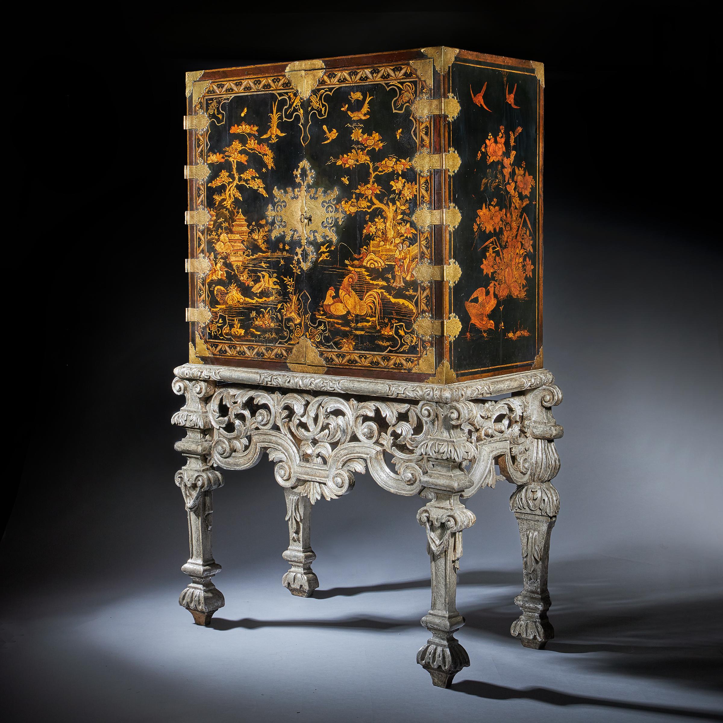 17th Century William and Mary Japanned Cabinet on Original Silver Gilt Stand 4