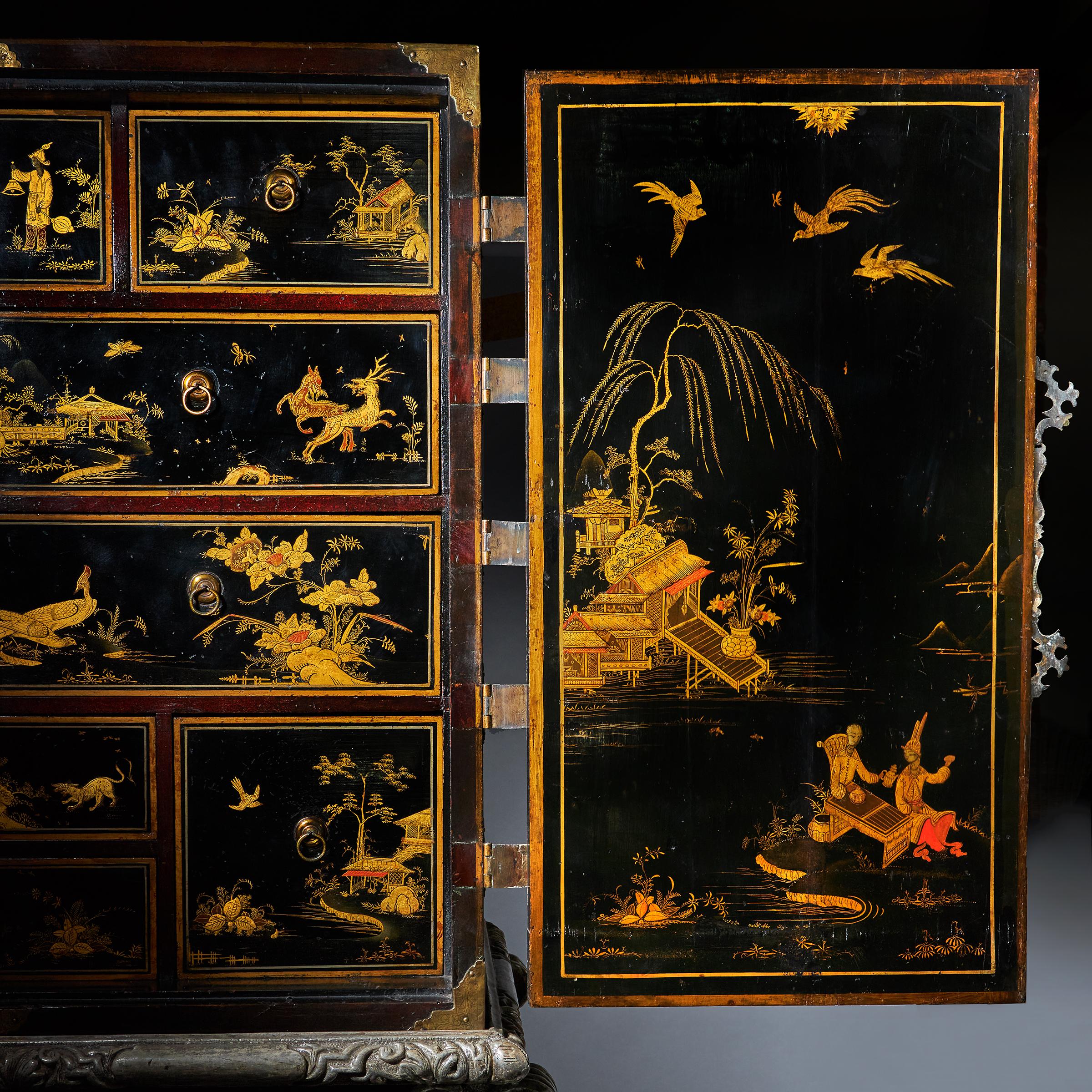 17th Century William and Mary Japanned Cabinet on Original Silver Gilt Stand 8