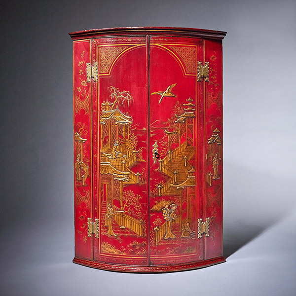 18th Century George II Scarlet-Red Japanned Corner Cupboard Att. Giles Grendey