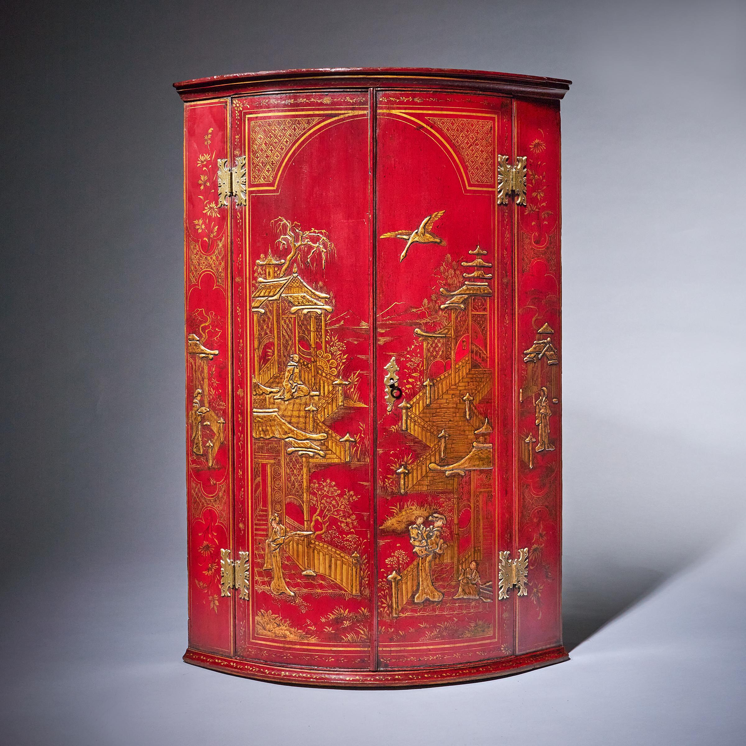 18th Century George II Scarlet-Red Japanned Corner Cupboard Att. Giles Grendey 1