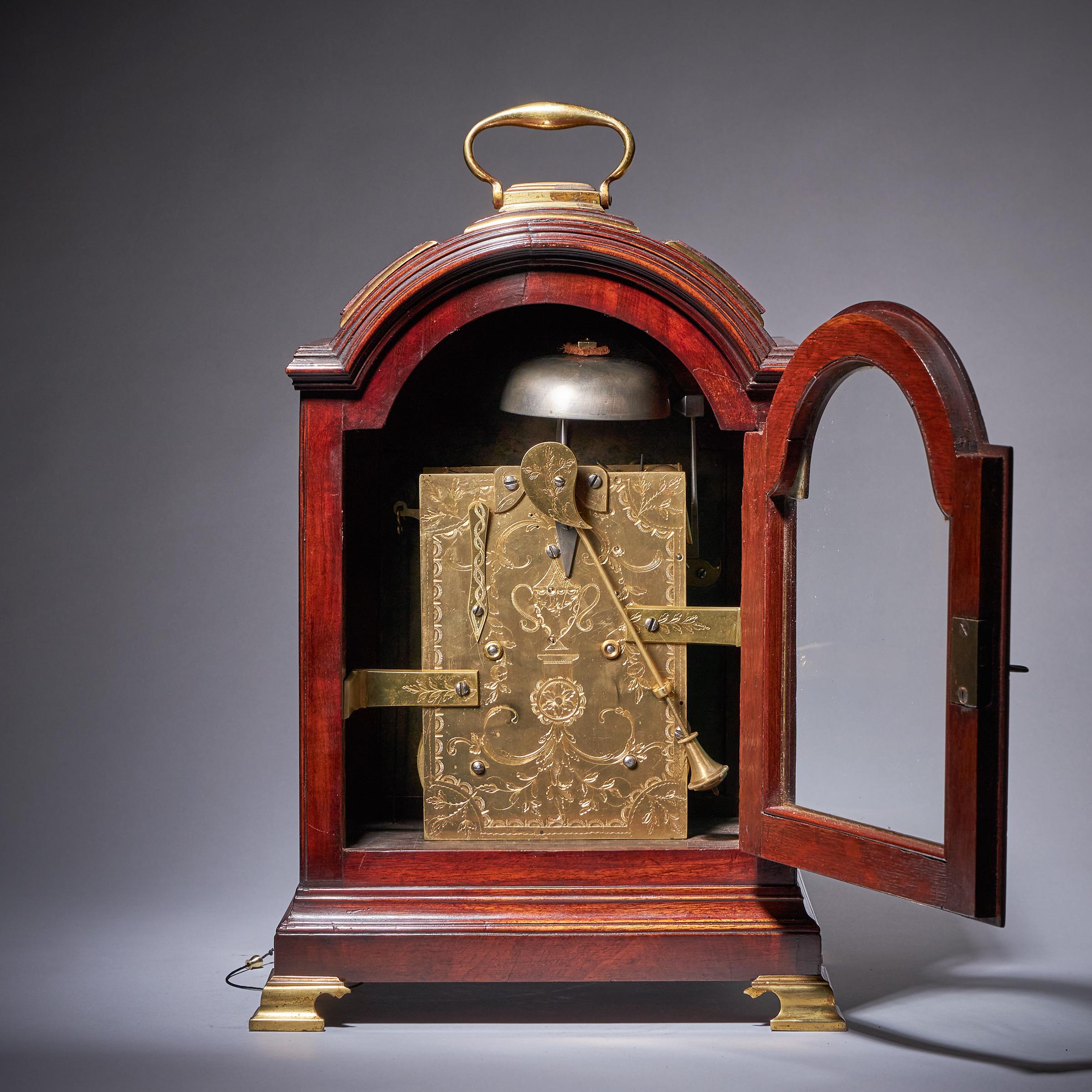 18th Century George III Figured Mahogany Three Pad Striking Bracket Clock 4