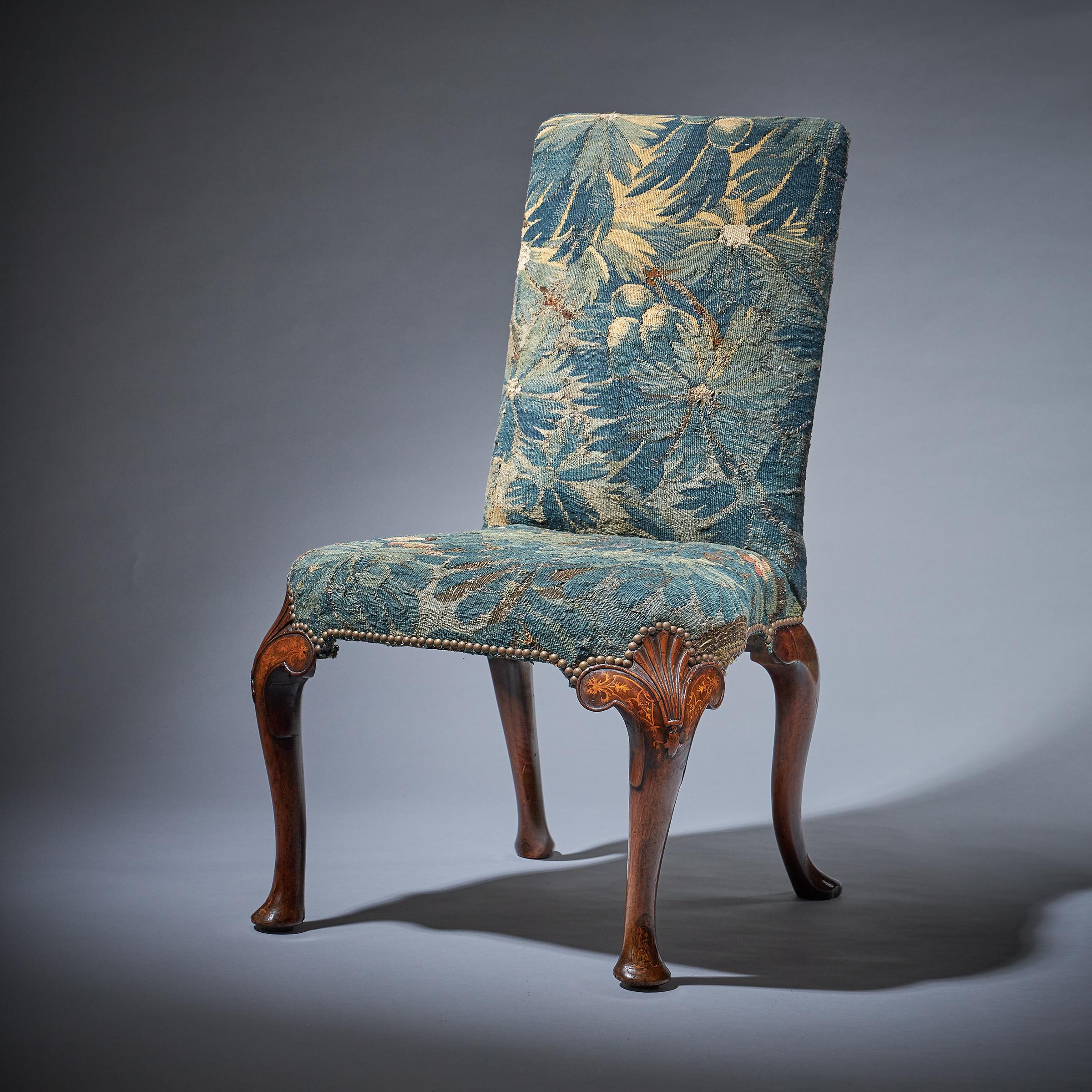 A Fine and Rare Queen Anne Walnut and Marquetry Chair with Tapestry Fragment 1