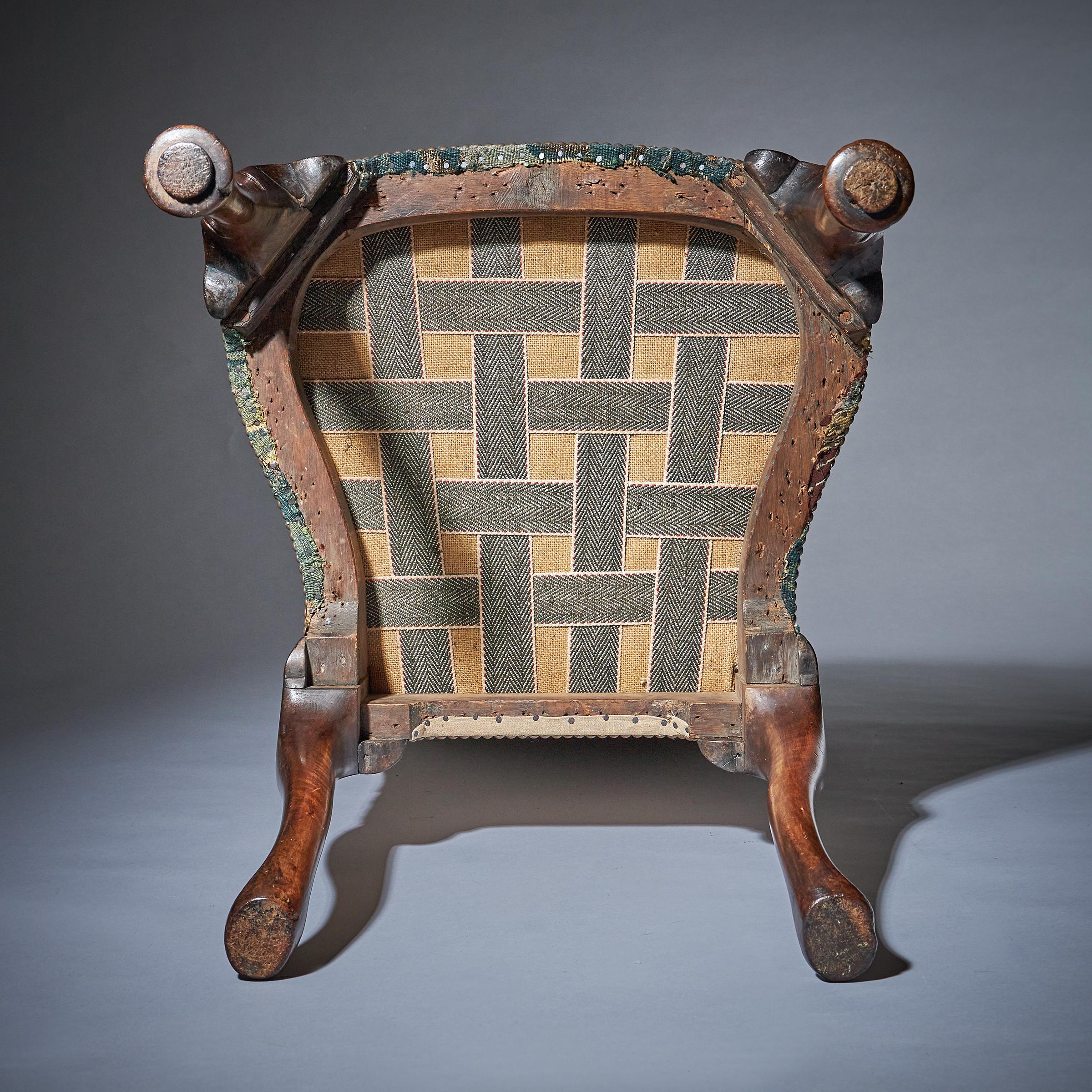A Fine and Rare Queen Anne Walnut and Marquetry Chair with Tapestry Fragment 17