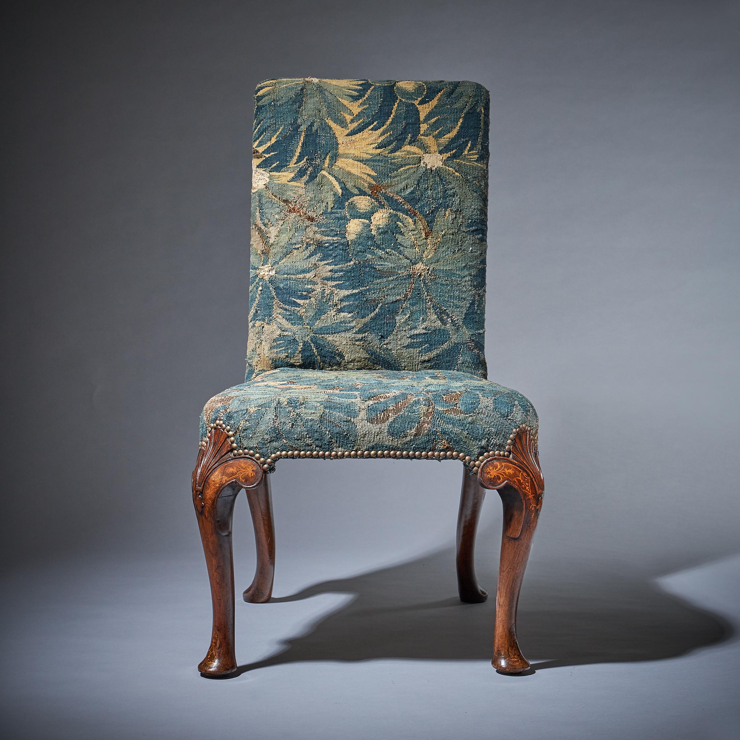 A Fine and Rare Queen Anne Walnut and Marquetry Chair with Tapestry Fragment 2
