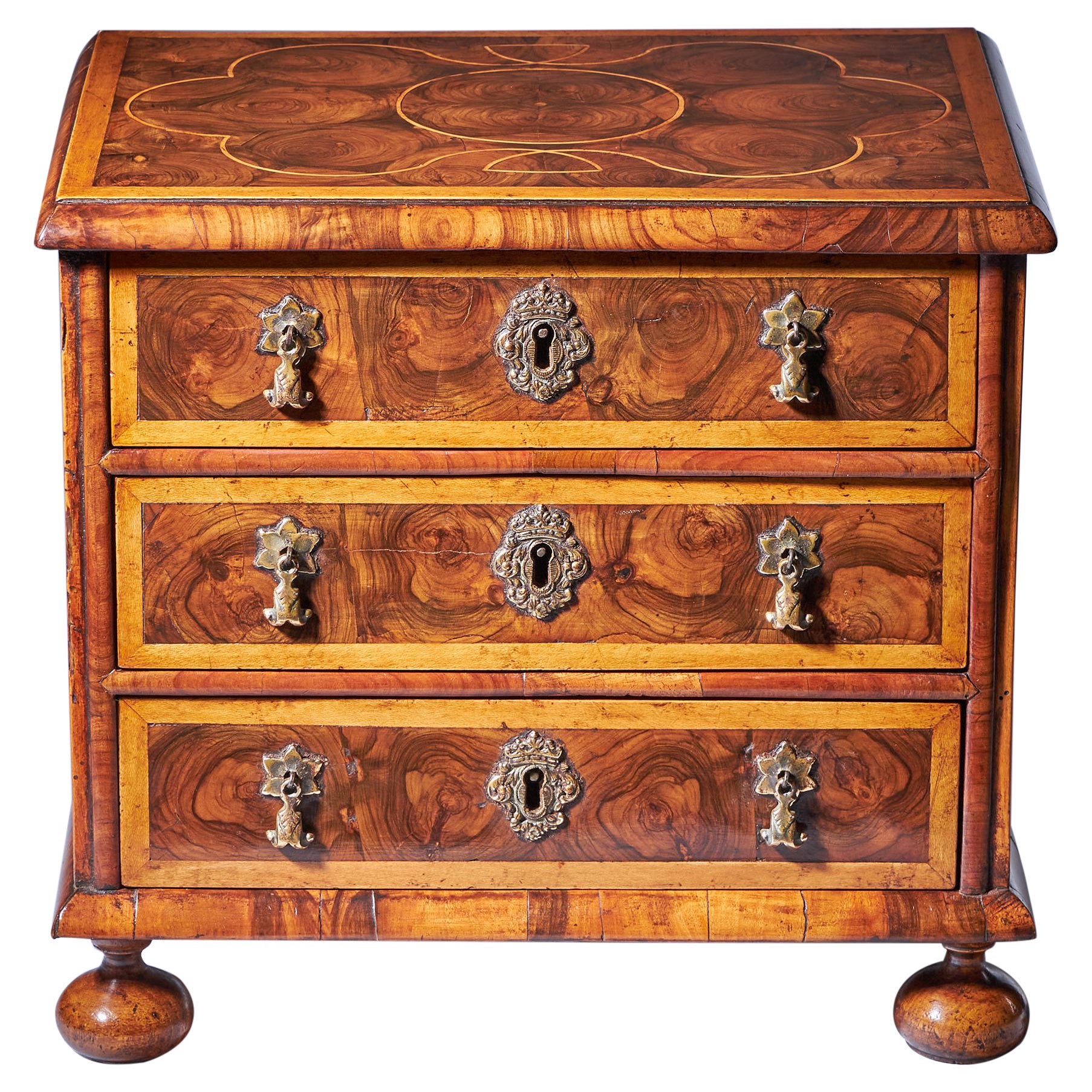 Miniature William and Mary 17th Century Diminutive Olive Oyster Chest, C.1690 1