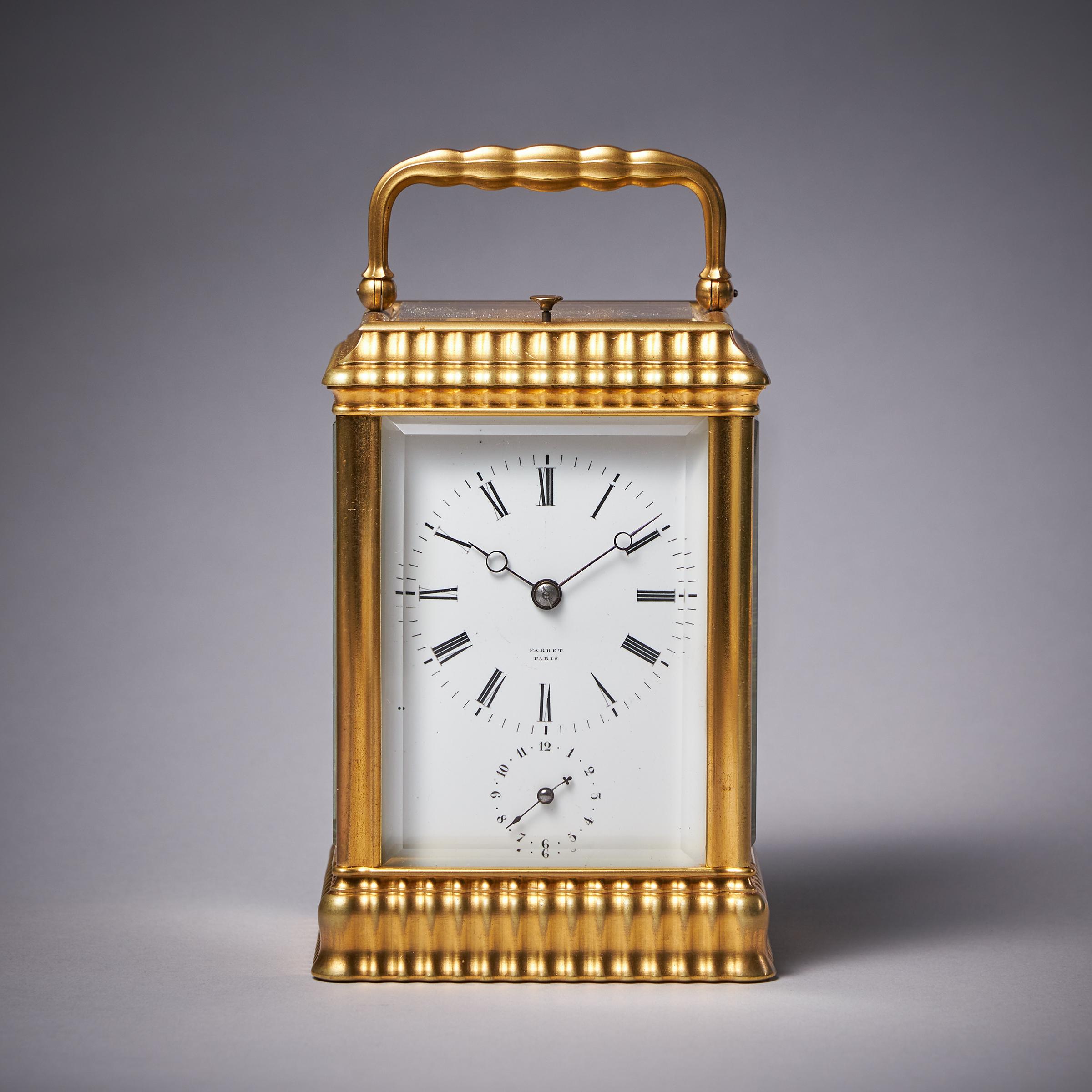 Unusual Ribbed Eight-Day Repeating Striking Gilt-Brass Gorge Case Carriage Clock 2