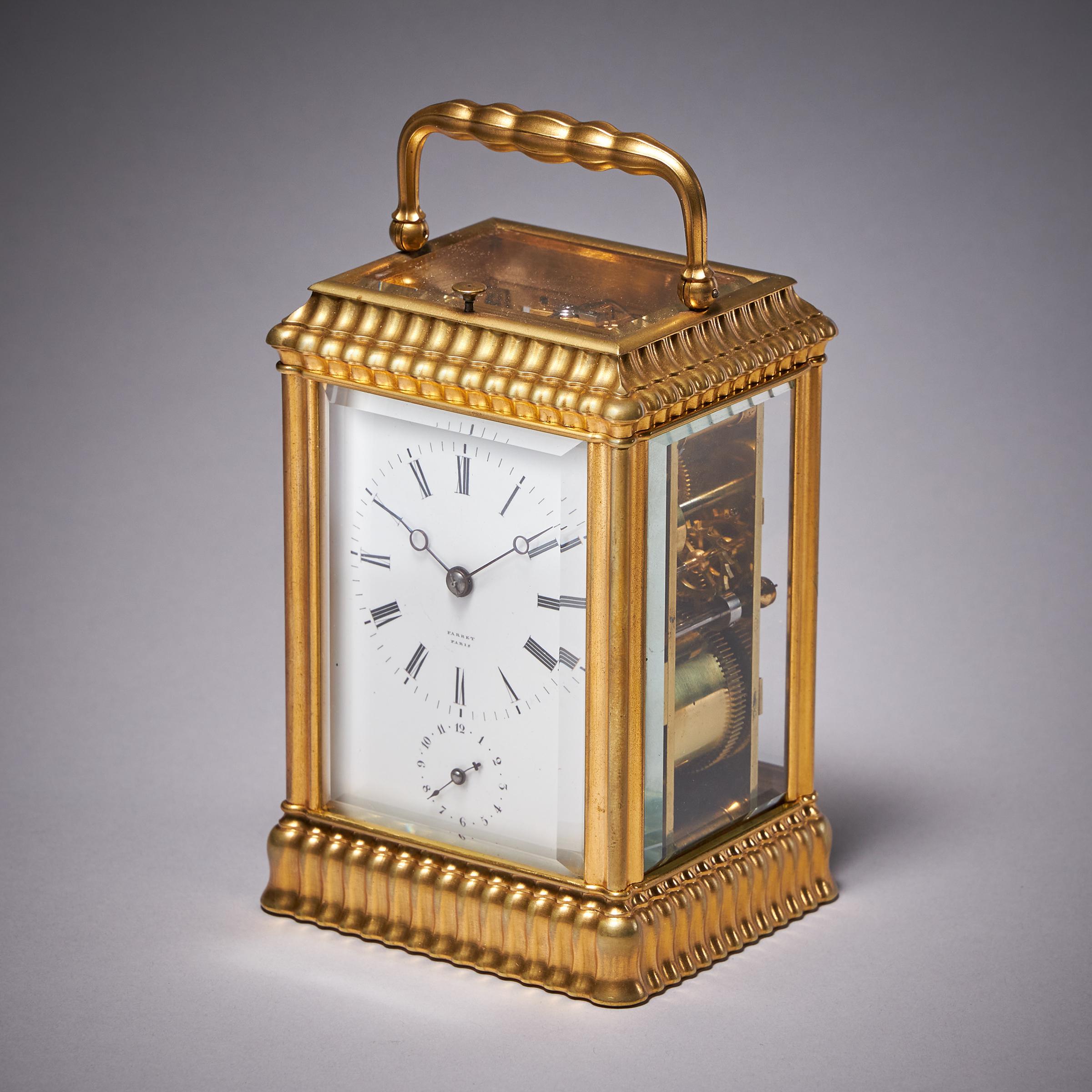 Unusual Ribbed Eight-Day Repeating Striking Gilt-Brass Gorge Case Carriage Clock 3