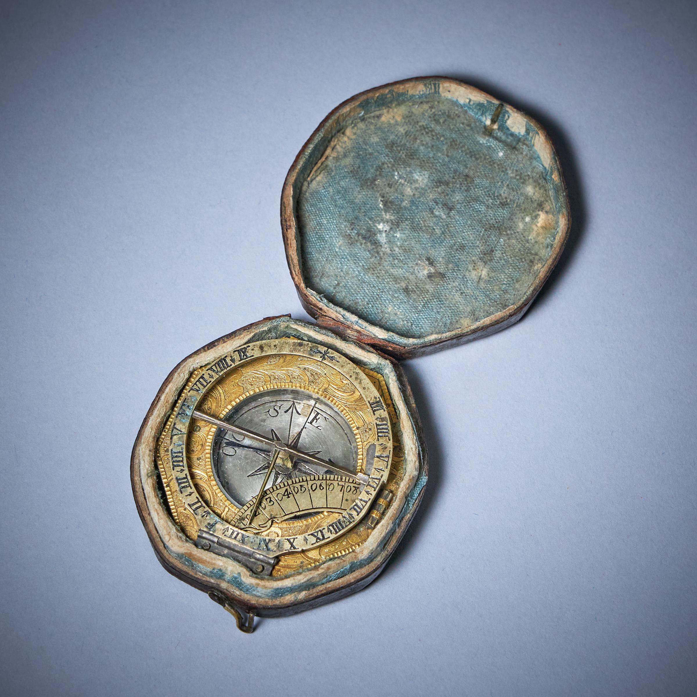 18th Century Gilt brass and Silver Pocket or Miniature sundial compass with Case 2