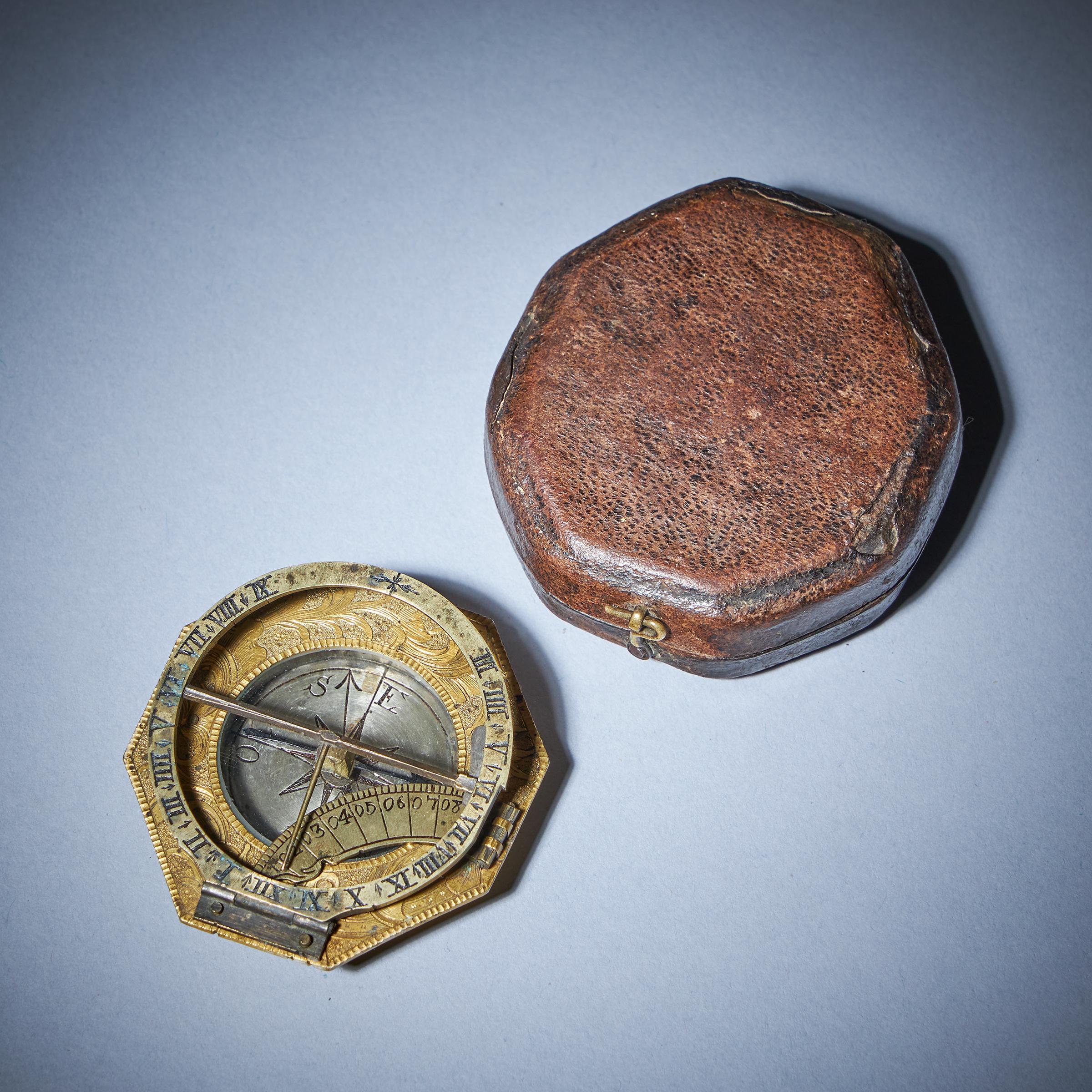 18th Century Gilt brass and Silver Pocket or Miniature sundial compass with Case 4