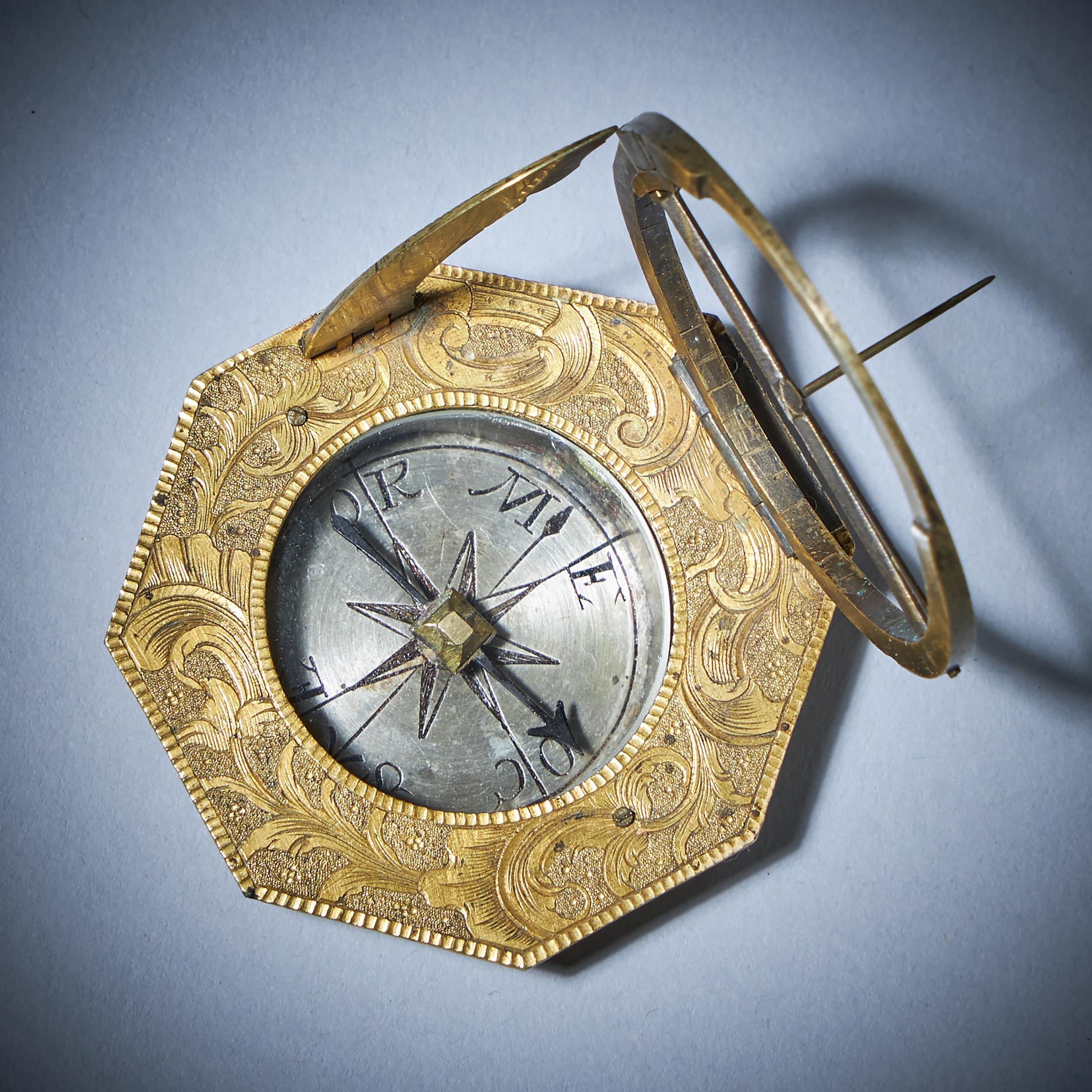 18th Century Gilt brass and Silver Pocket or Miniature sundial compass with Case 6