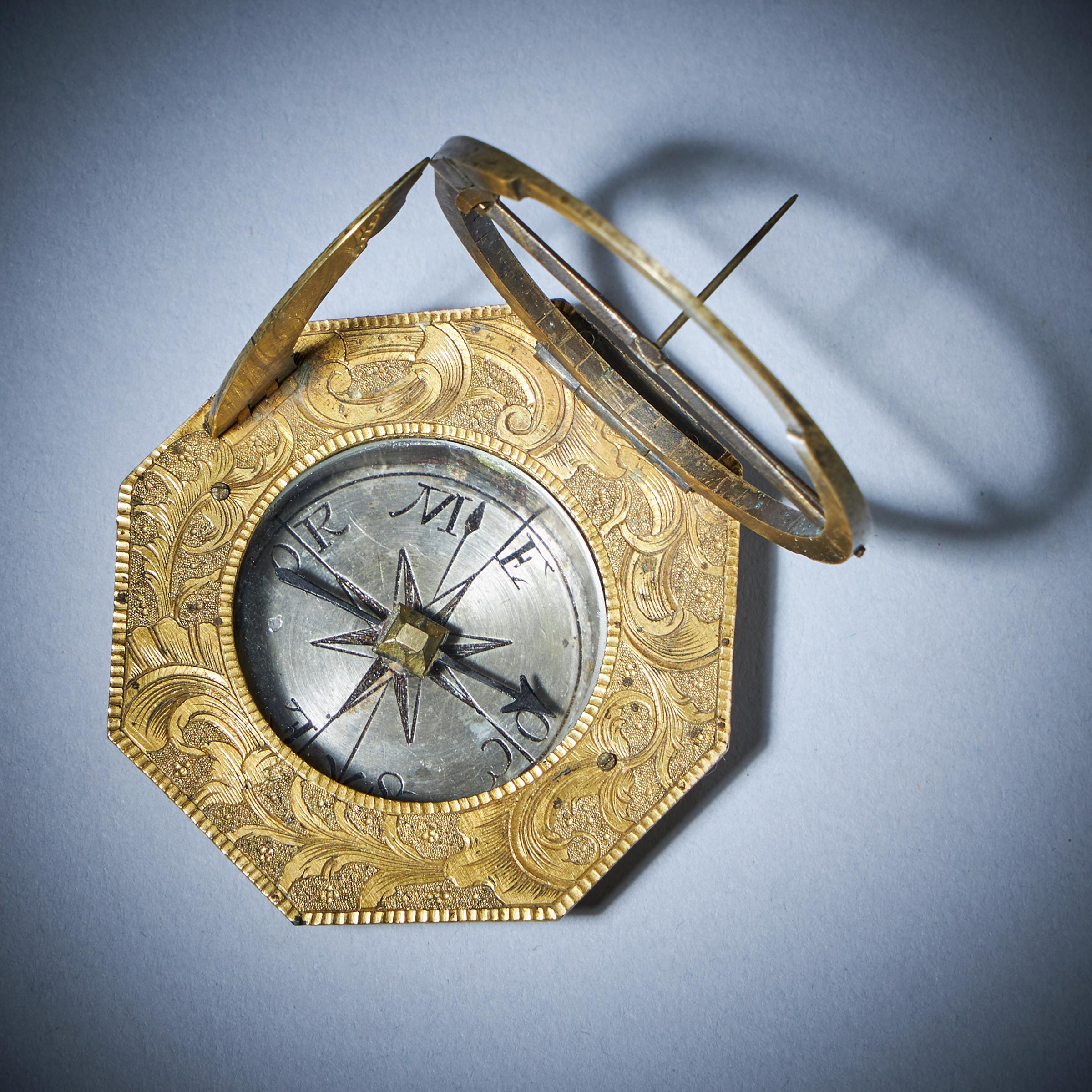 18th Century Gilt brass and Silver Pocket or Miniature sundial compass with Case 7
