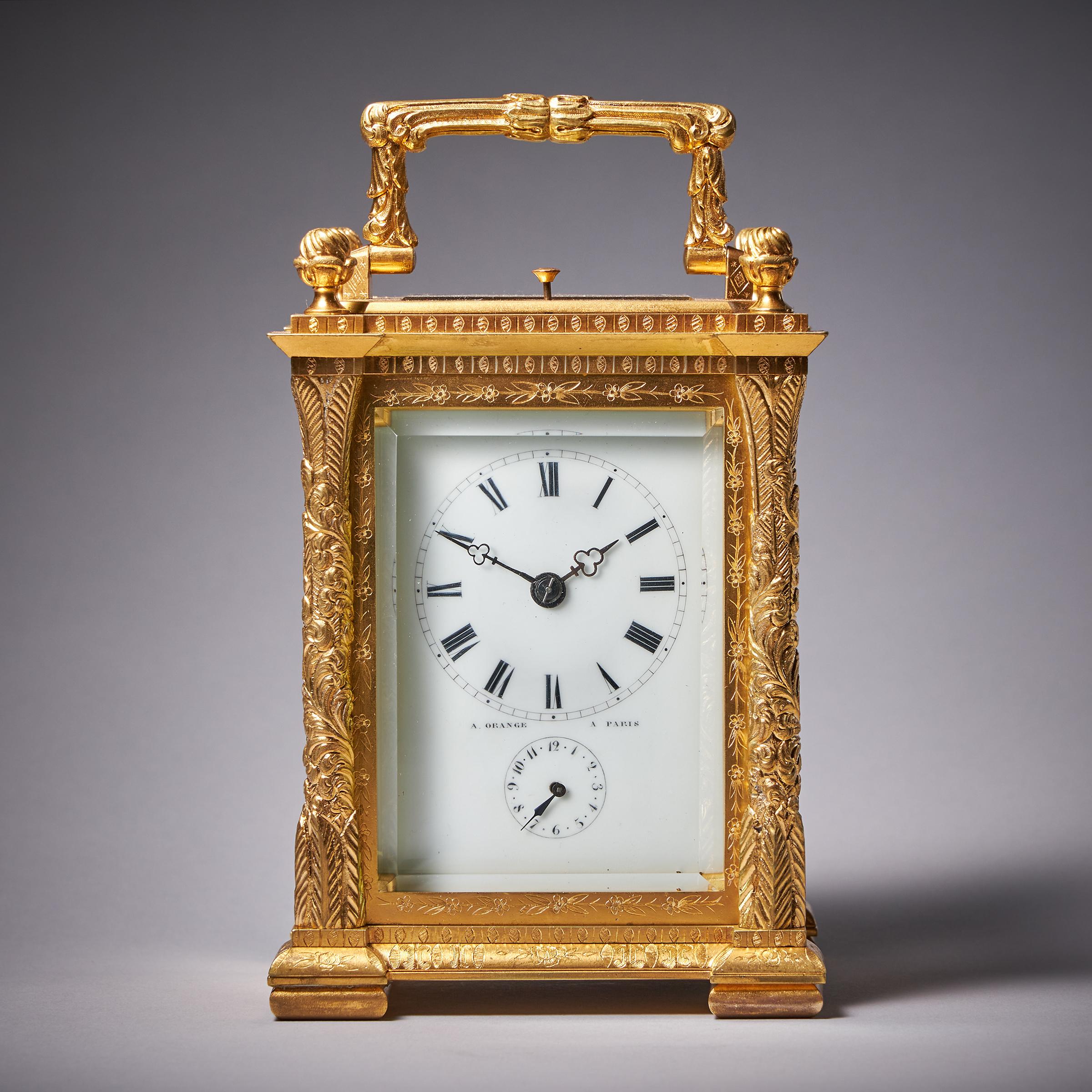 19th Century Eight Day Gilt Brass Carriage Clock with Alarm by Orange, Paris 1