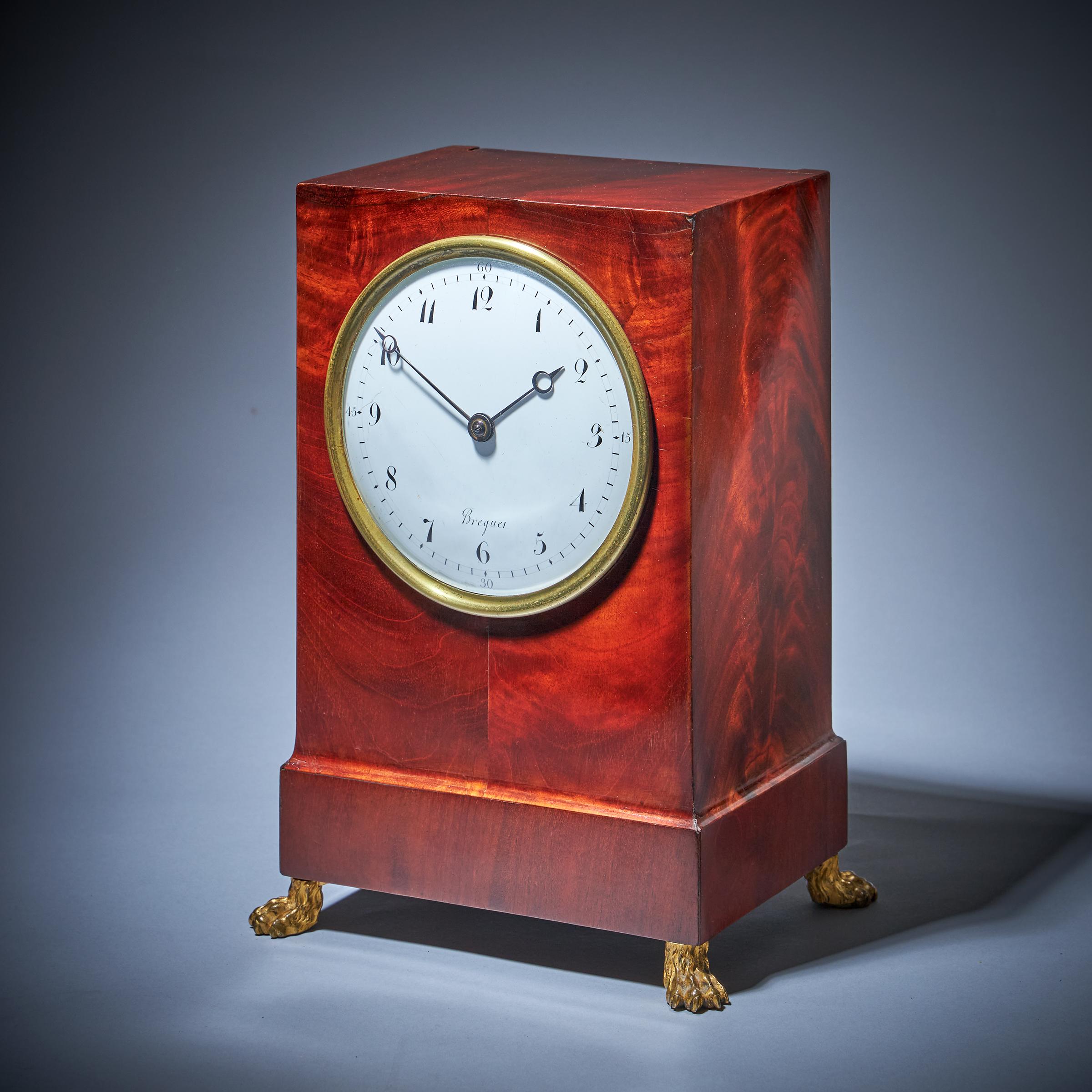 19th-Century Flame Mahogany Mantel Clock by BREGUET Raised by Lion Paw Feet 1