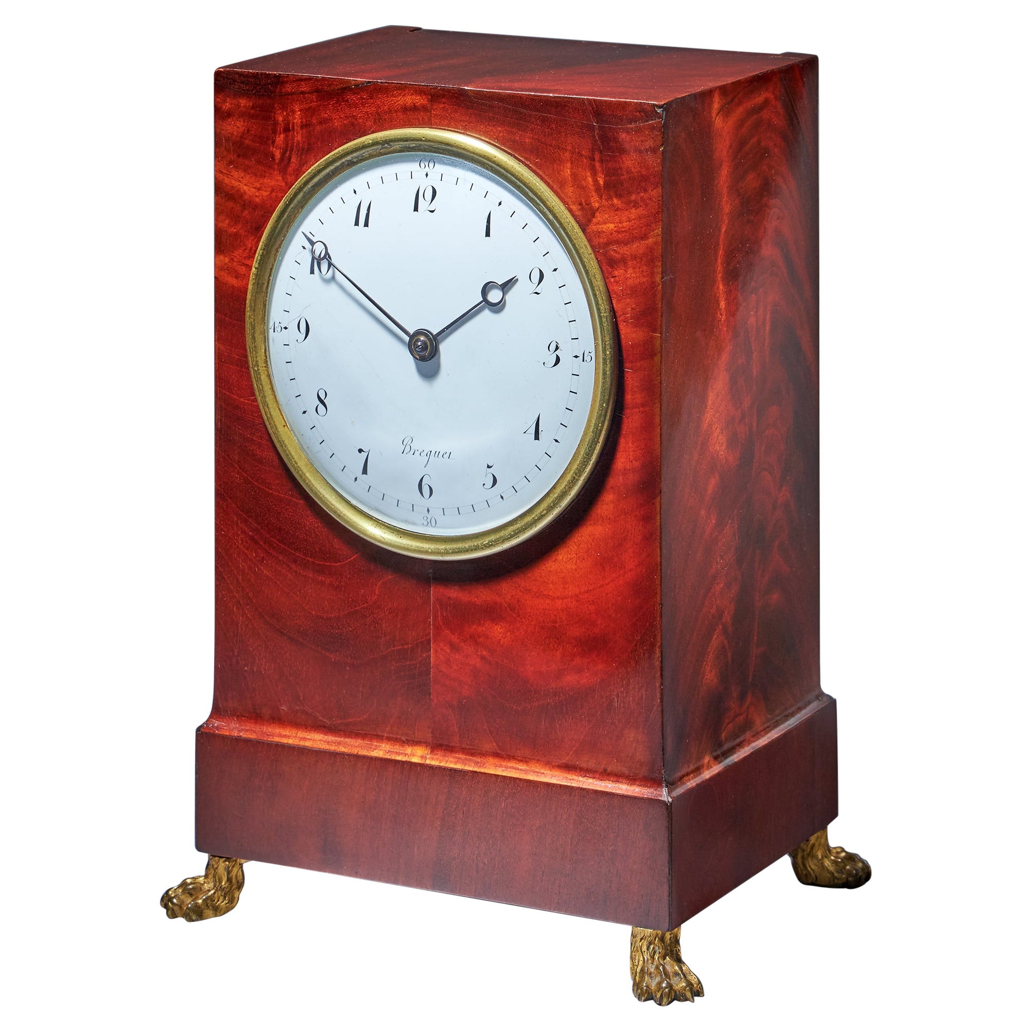 19th-Century Flame Mahogany Mantel Clock by BREGUET Raised by Lion Paw Feet 11