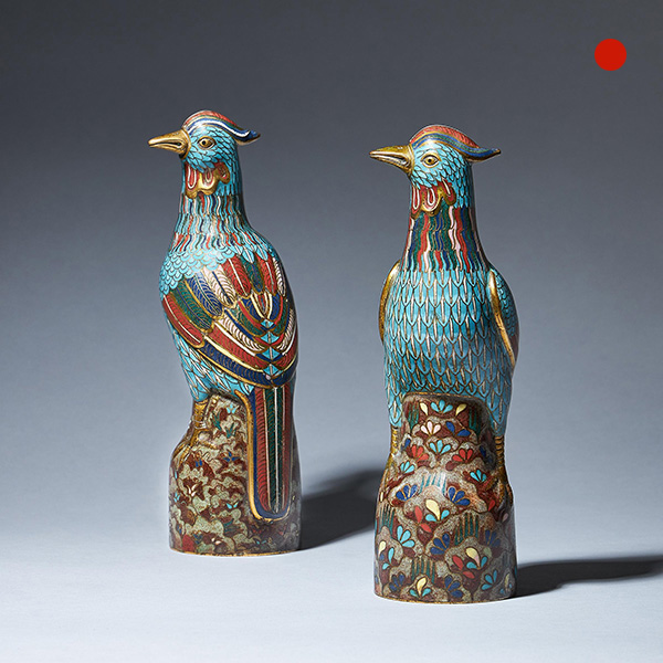 A Pair of 19th Century Late Qing Dynasty Chinese Cloisonné Phoenix Figures