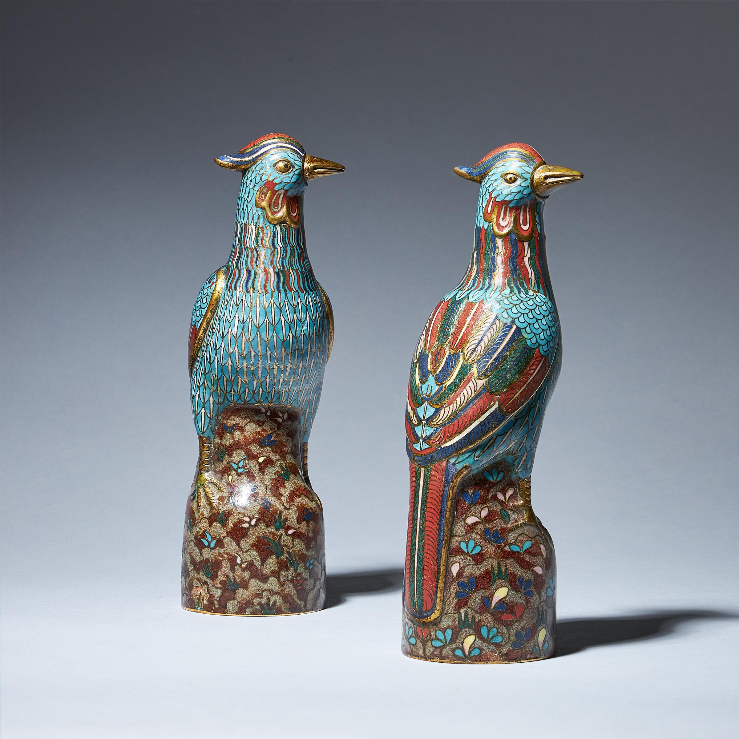 A Pair of 19th Century Late Qing Dynasty Chinese Cloisonné Phoenix Figures 1