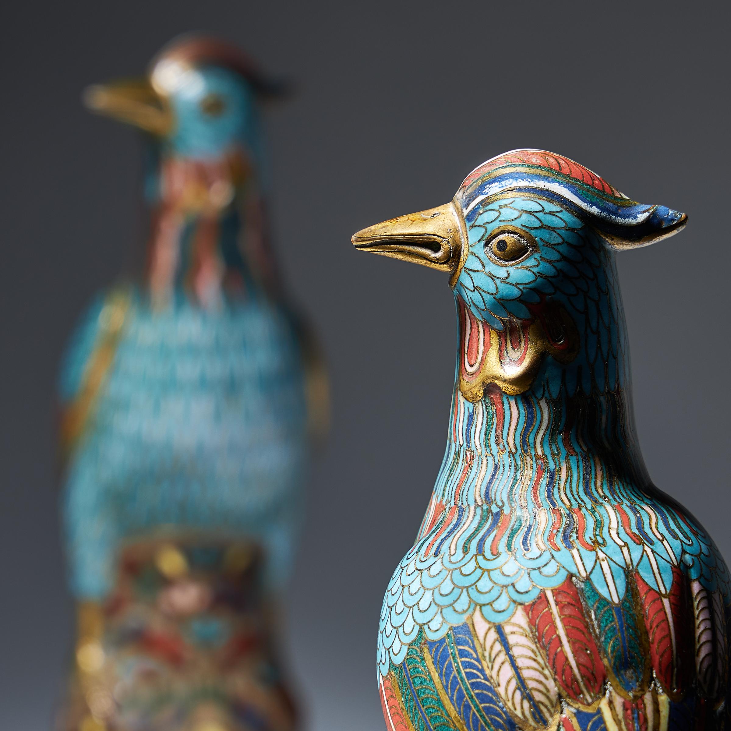 A Pair of 19th Century Late Qing Dynasty Chinese Cloisonné Phoenix Figures 3