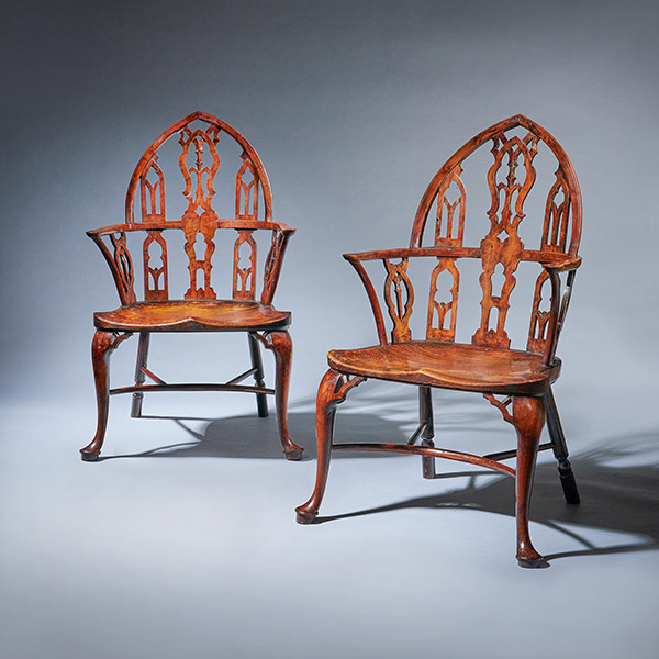 Pair of 18th Century George II Gothic Yew and Elm Windsor Armchairs, circa 1760
