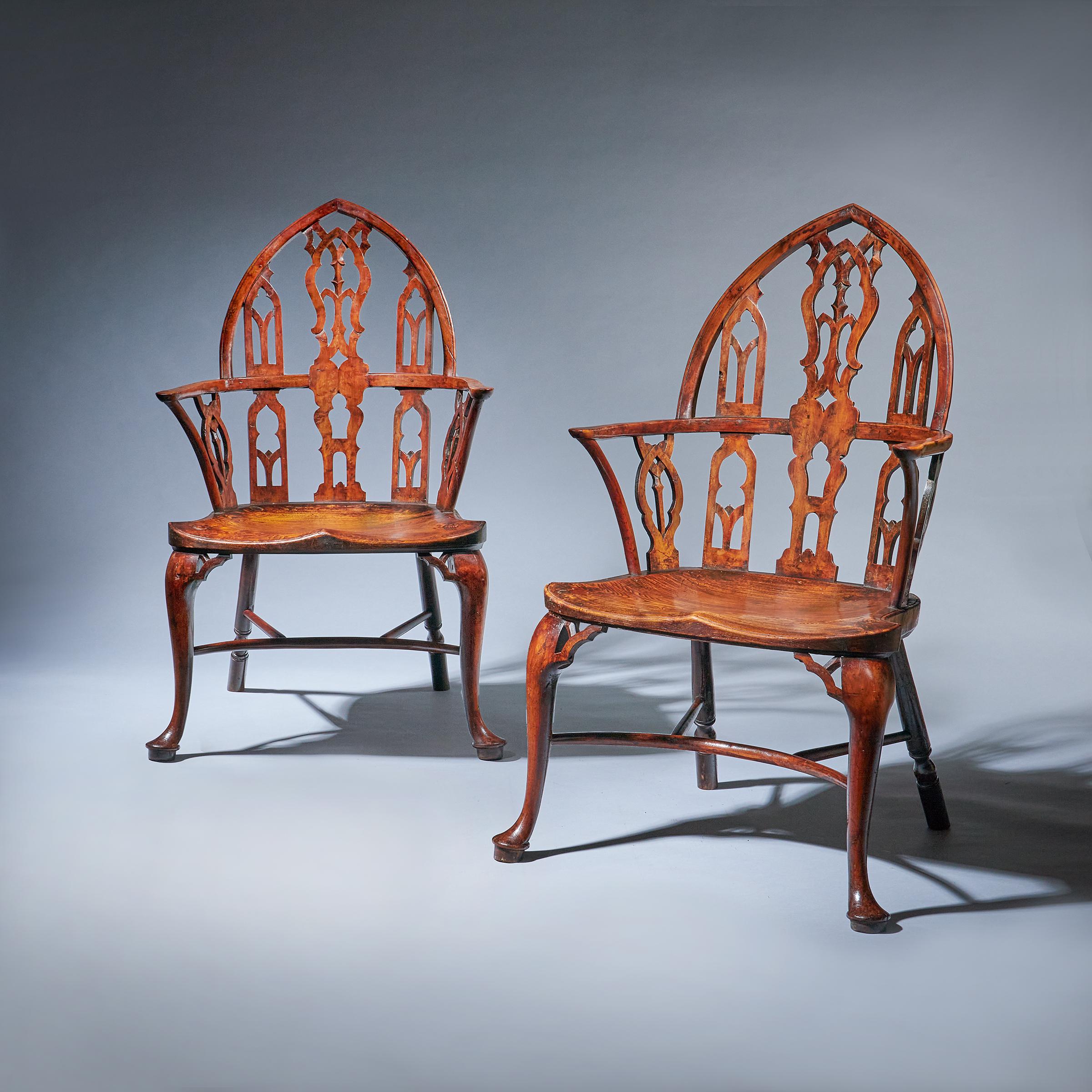 Pair of 18th Century George II Gothic Yew and Elm Windsor Armchairs, circa 1760 1