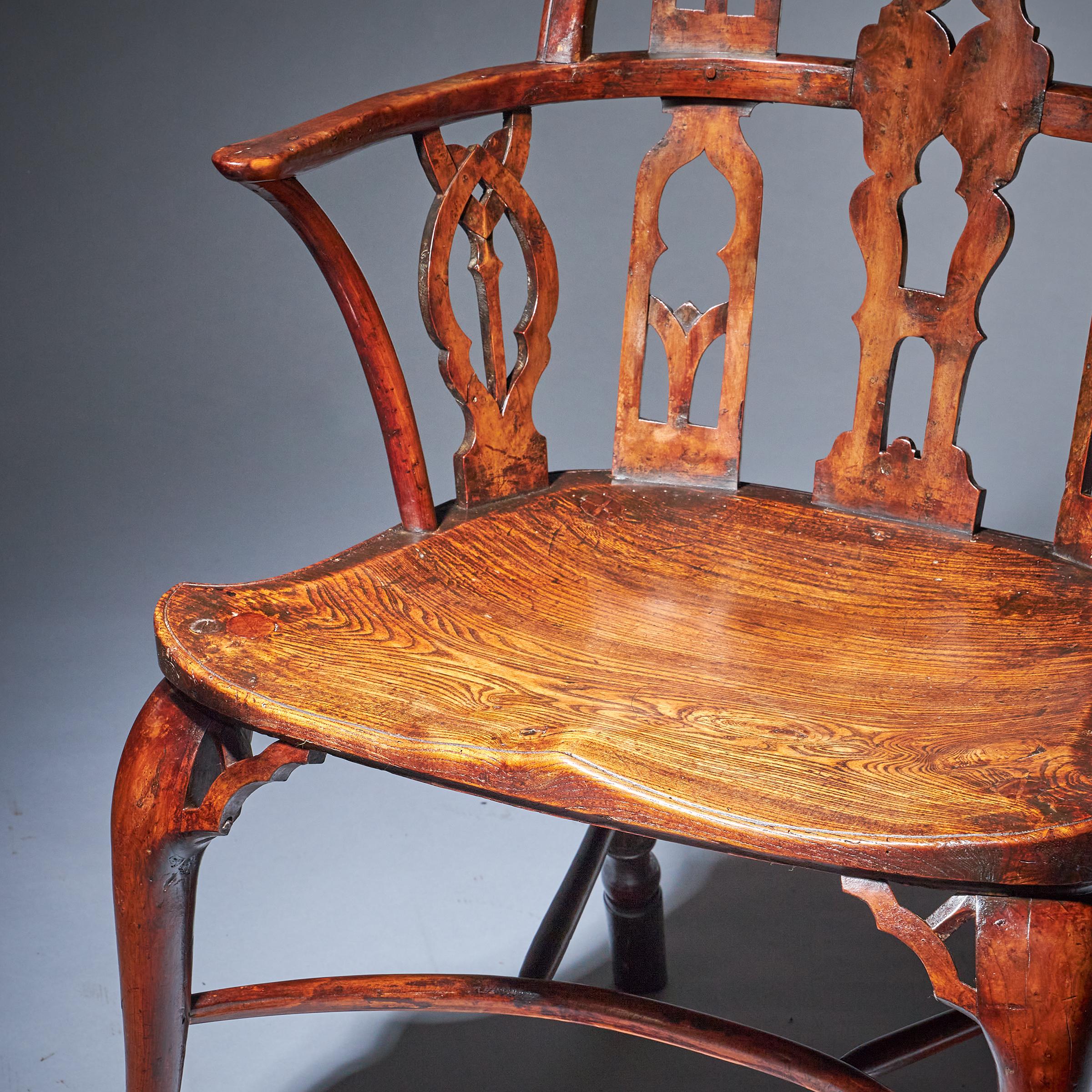 Pair of 18th Century George II Gothic Yew and Elm Windsor Armchairs, circa 1760 3