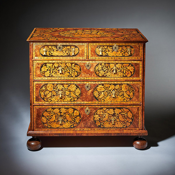 Fine 17th Century William and Mary Figured Walnut Marquetry Chest of Drawers