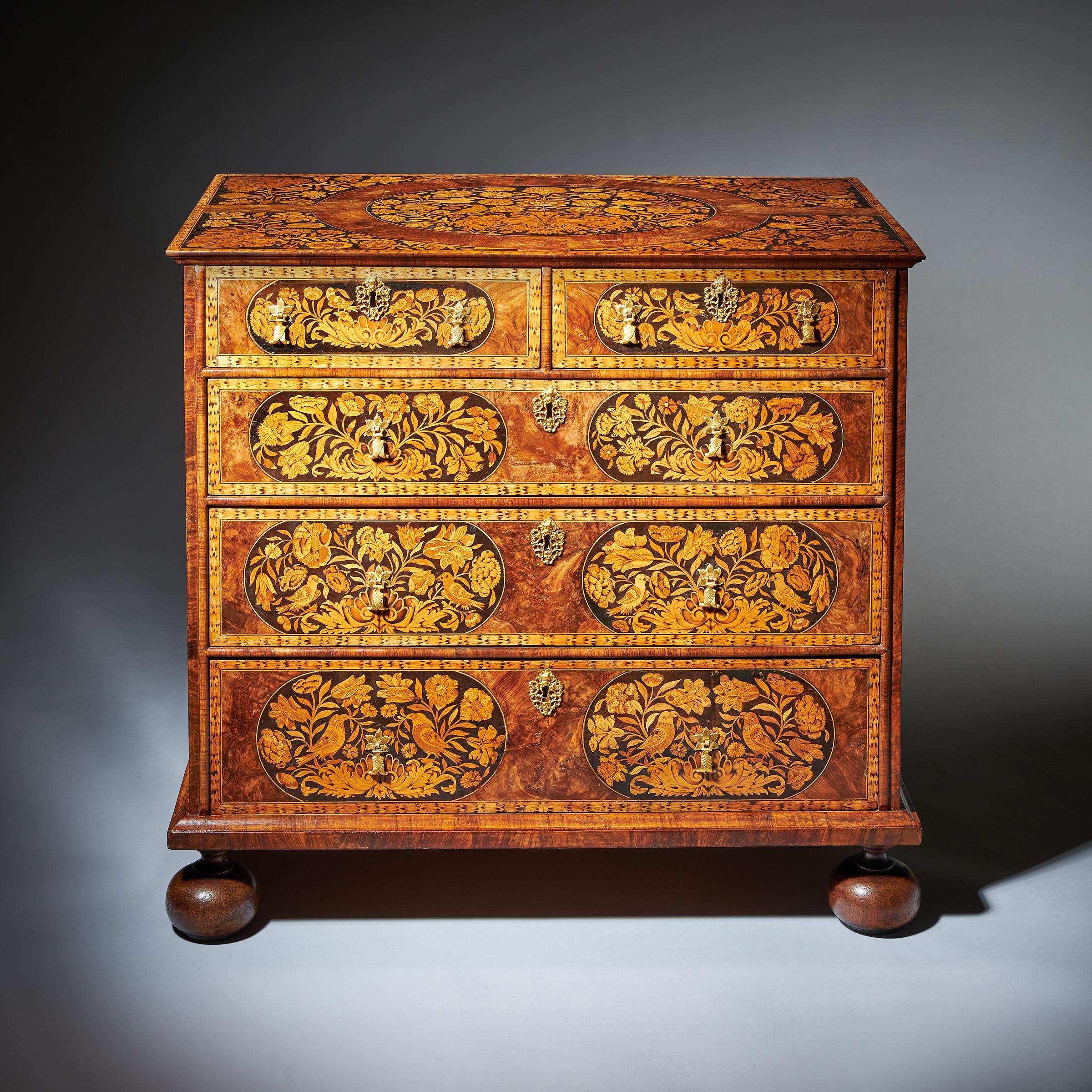 Fine 17th Century William and Mary Figured Walnut Marquetry Chest of Drawers 1