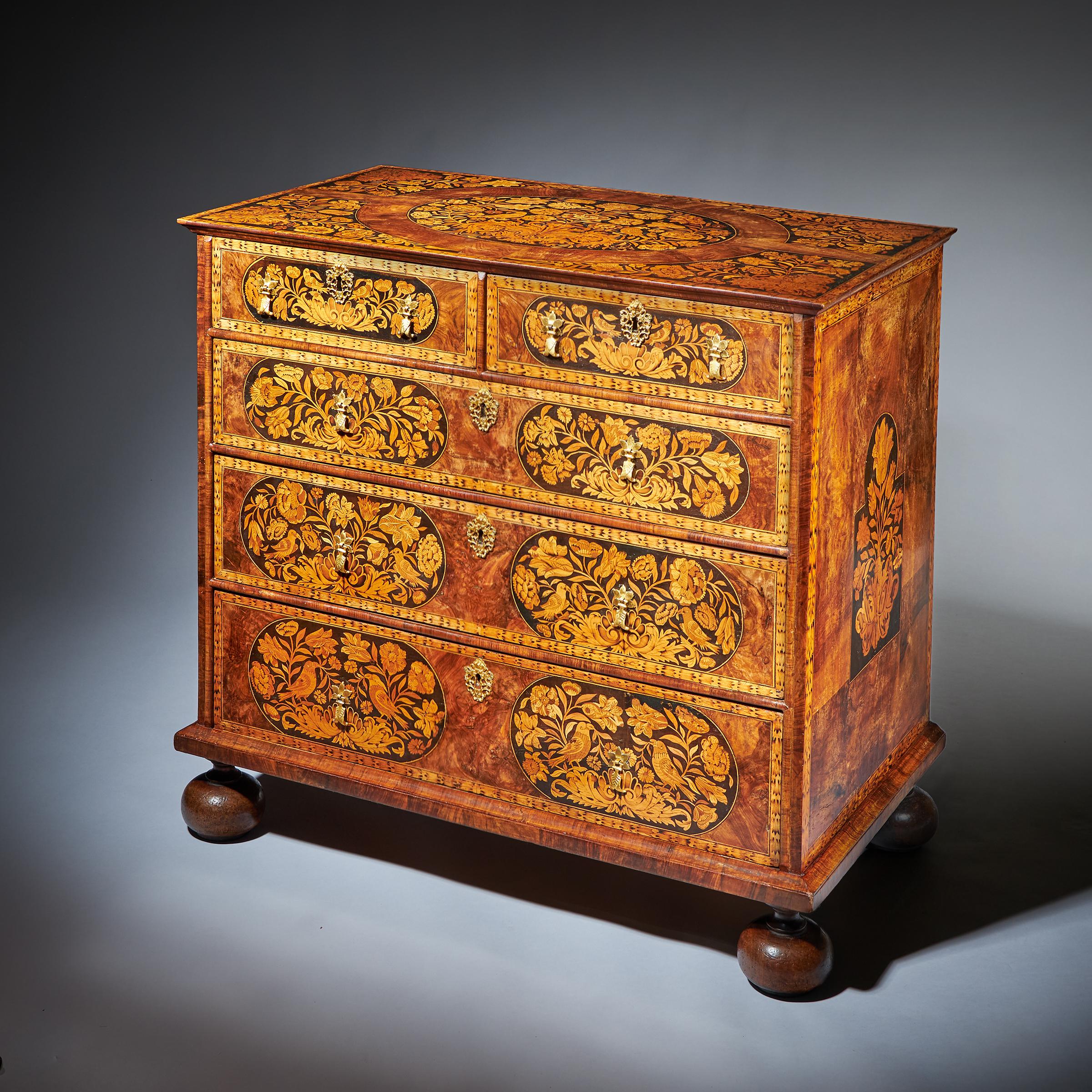Fine 17th Century William and Mary Figured Walnut Marquetry Chest of Drawers 2