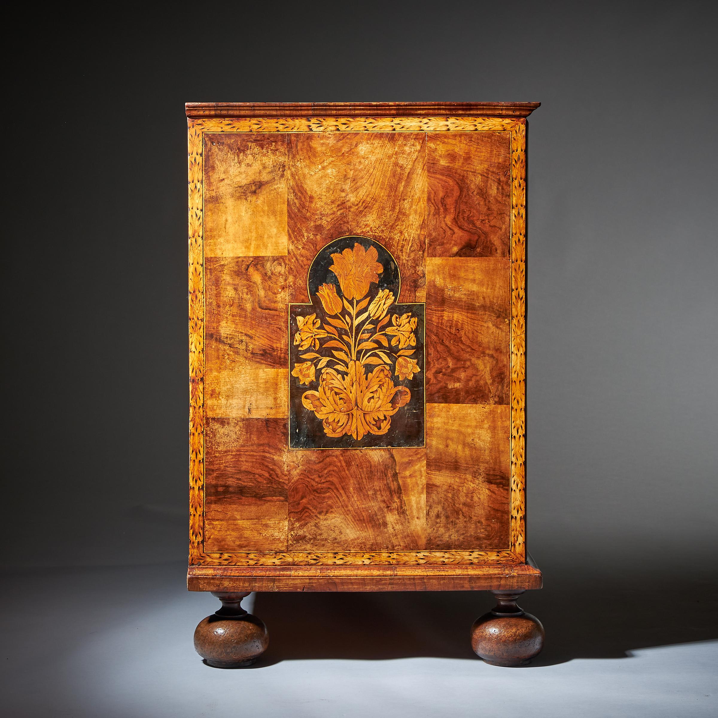 Fine 17th Century William and Mary Figured Walnut Marquetry Chest of Drawers 4