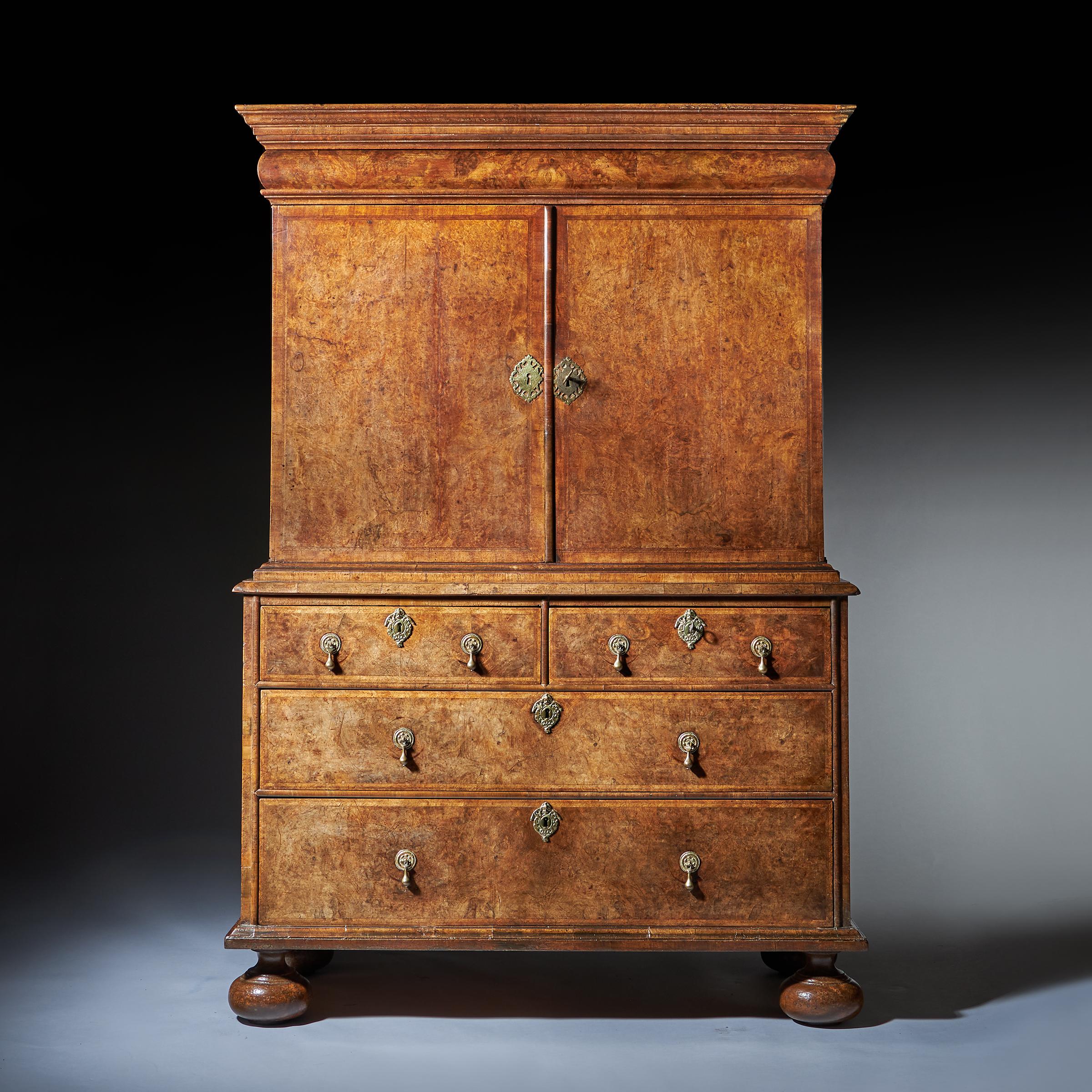 Original 17th Century William and Mary Burr Walnut Cabinet on Chest 1