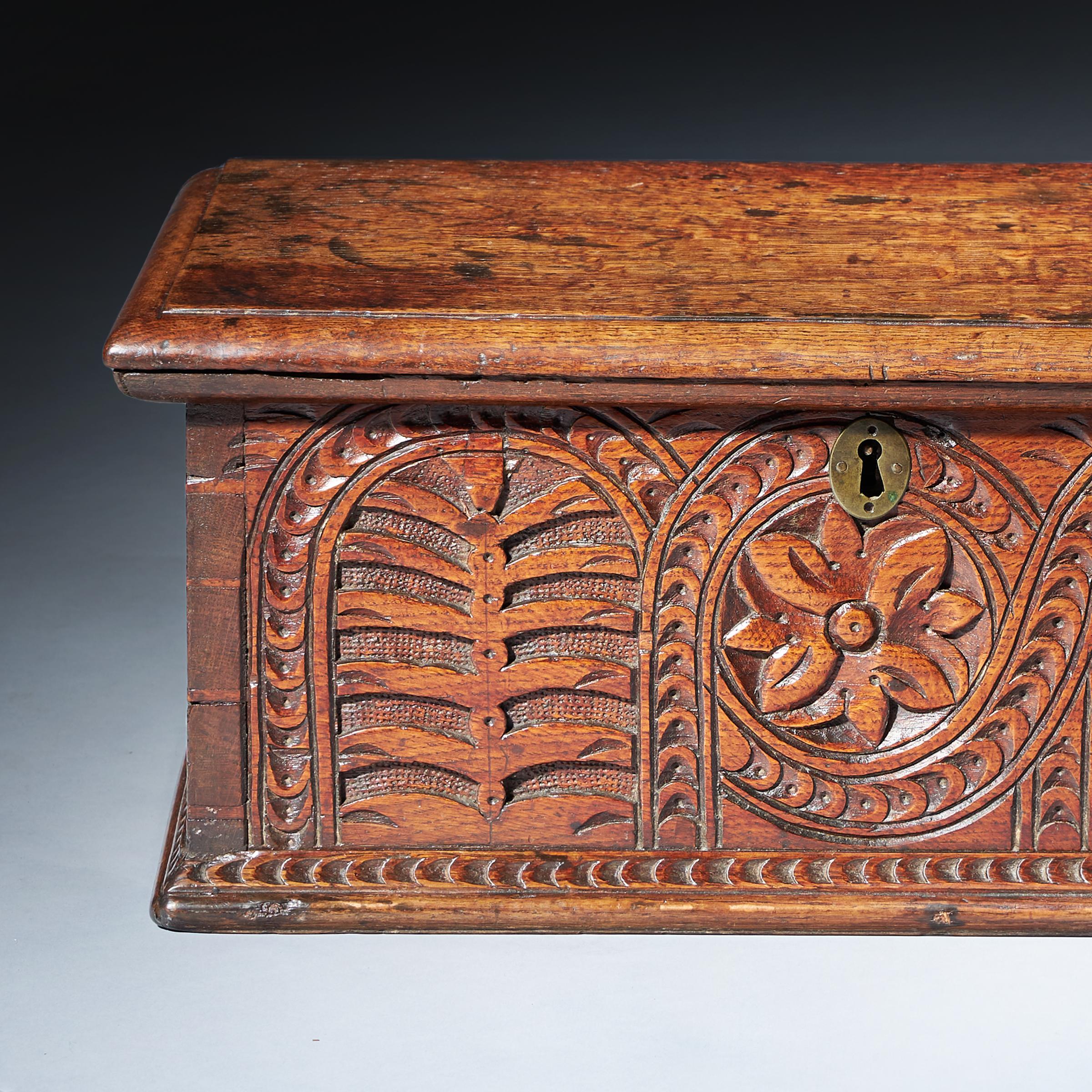 Rare William and Mary 17th Century Carved Oak Deeds Box of Small Proportions 4
