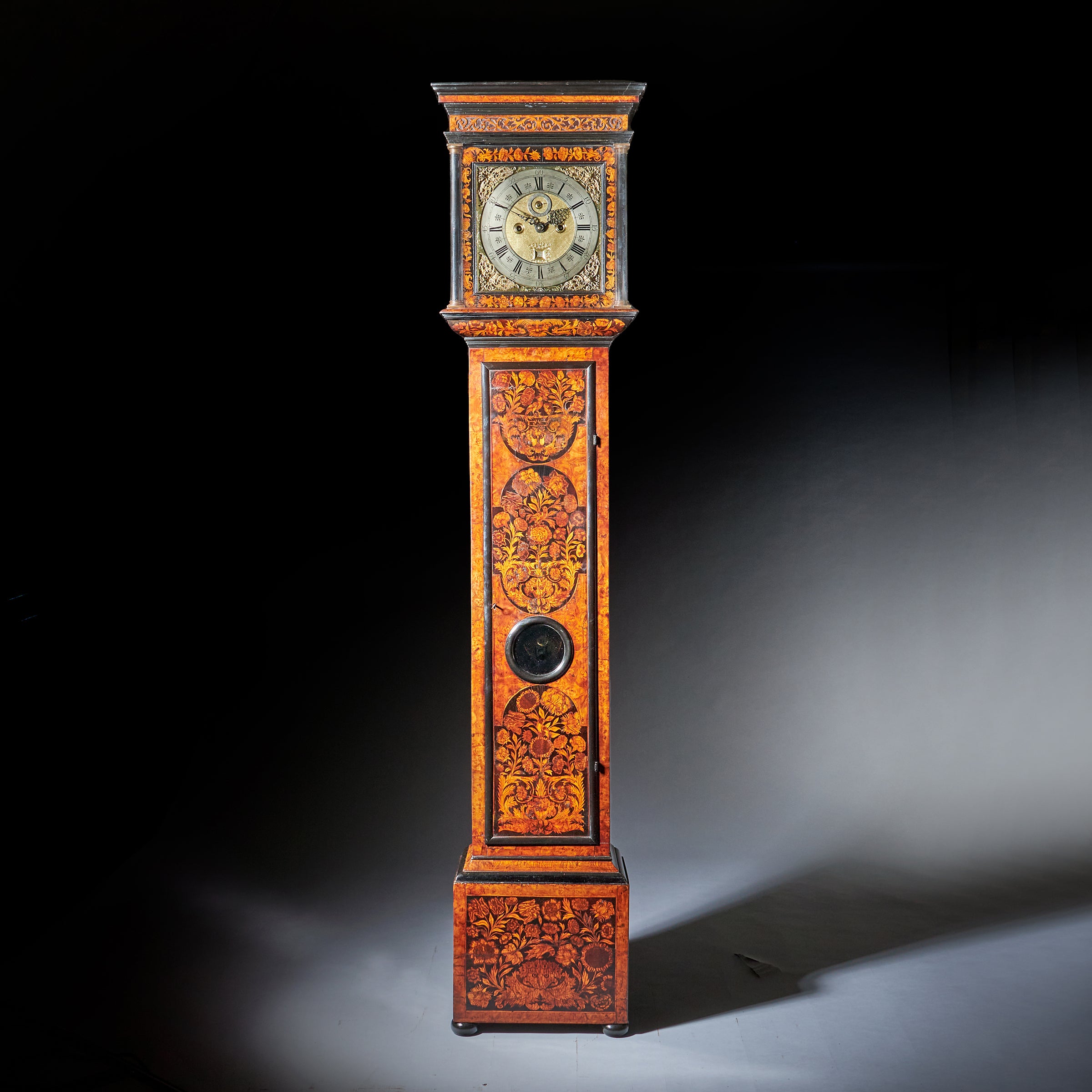17th Century William and Mary Eight-Day burl Elm Floral Marquetry Longcase Clock 1