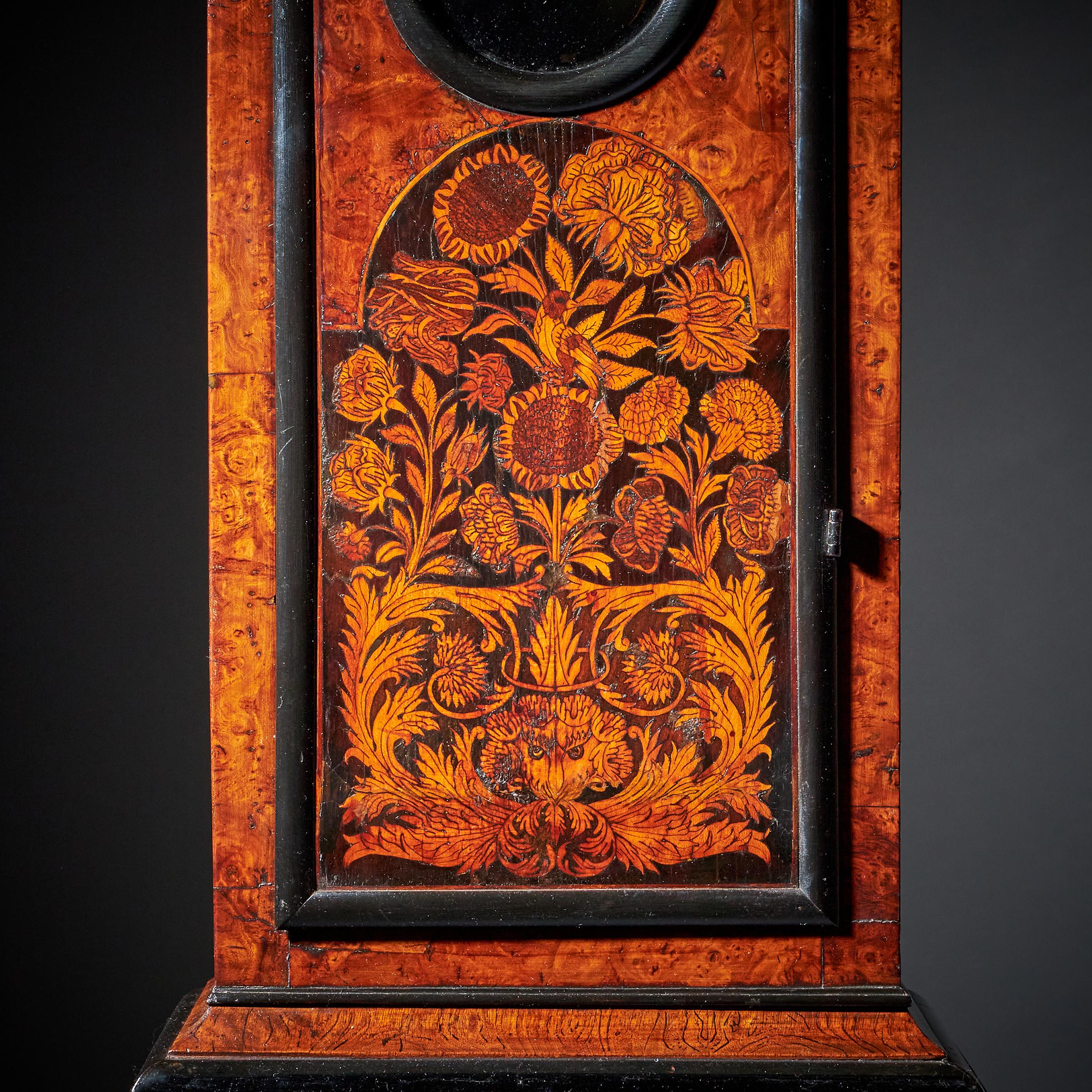 17th Century William and Mary Eight-Day burl Elm Floral Marquetry Longcase Clock 12