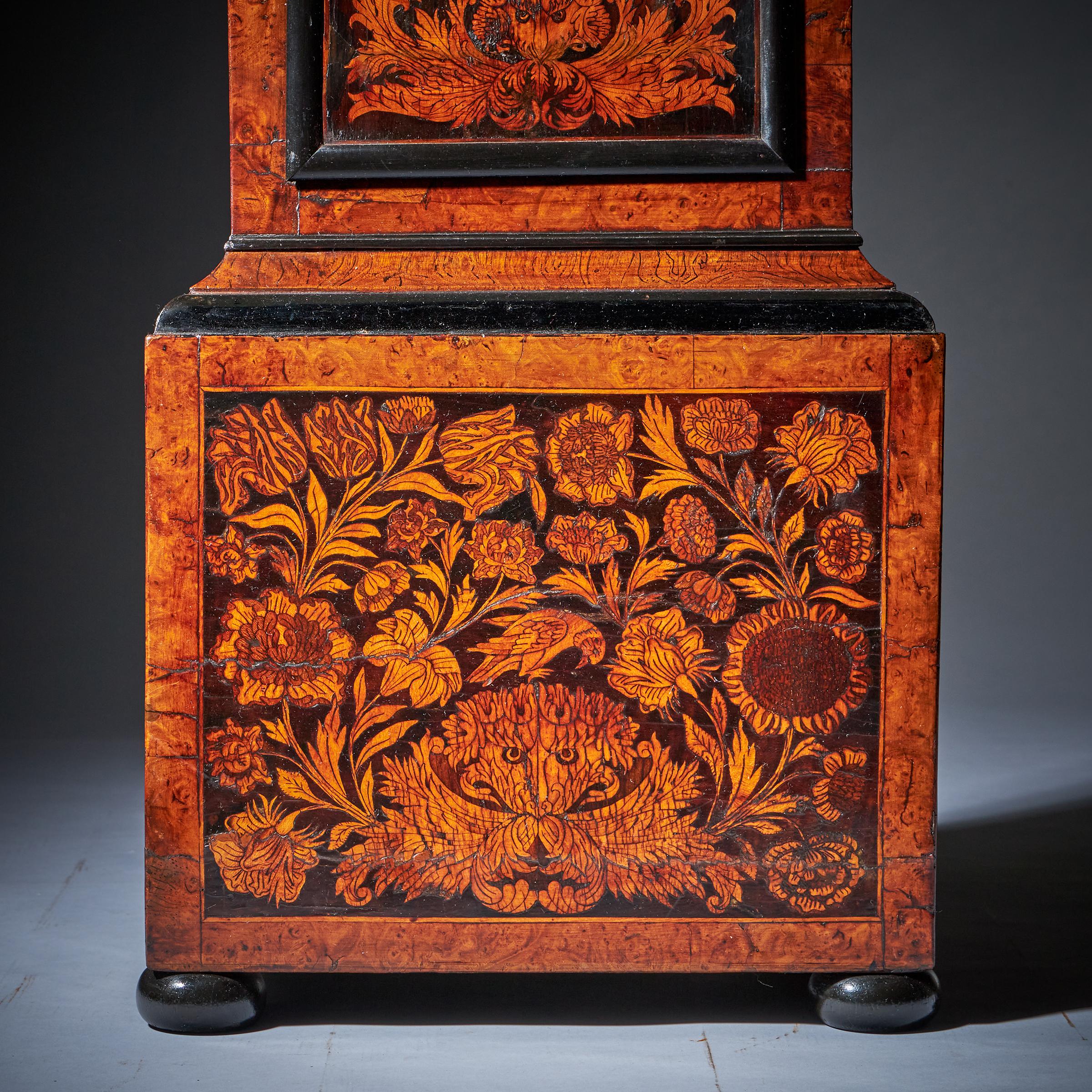 17th Century William and Mary Eight-Day burl Elm Floral Marquetry Longcase Clock 13