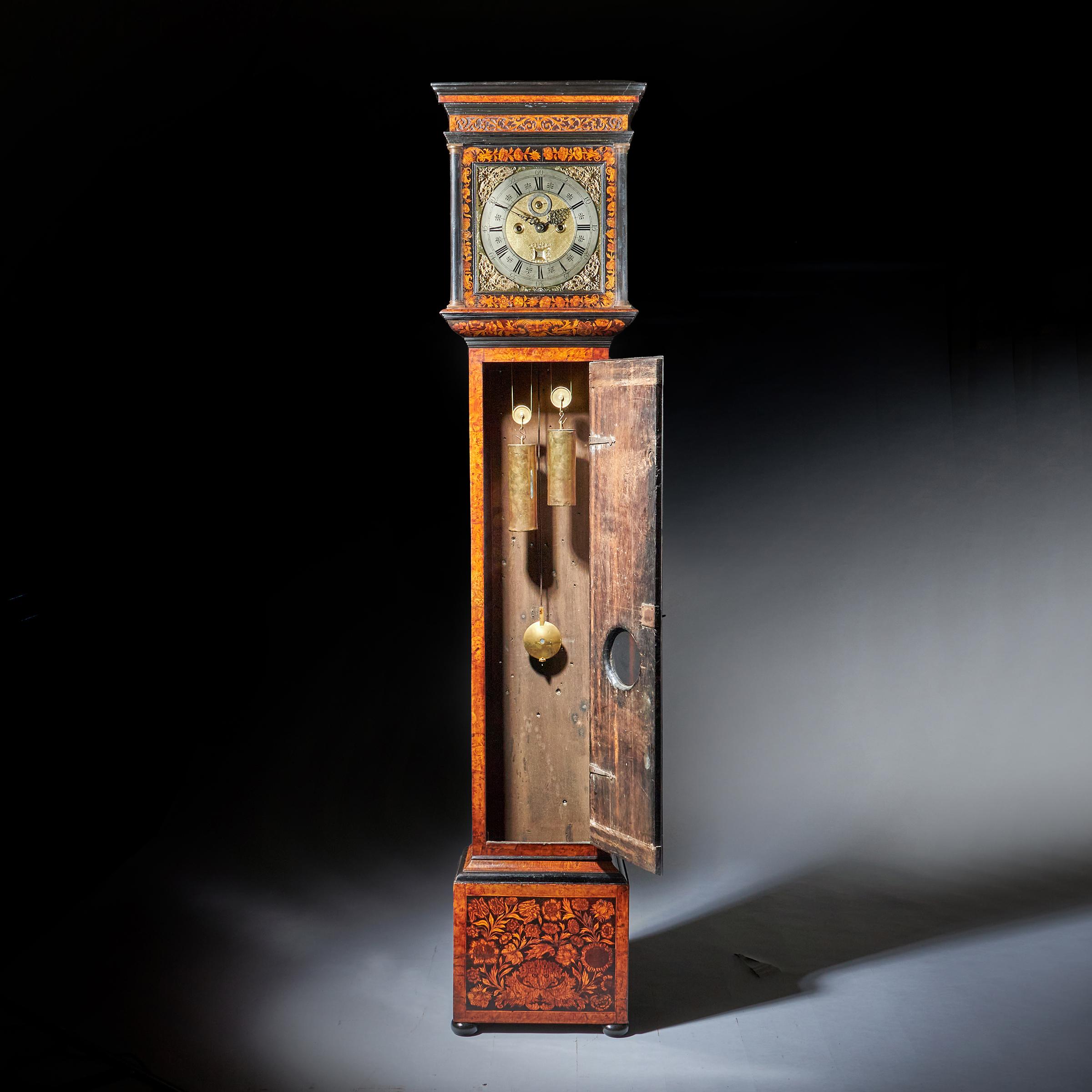 17th Century William and Mary Eight-Day burl Elm Floral Marquetry Longcase Clock 2