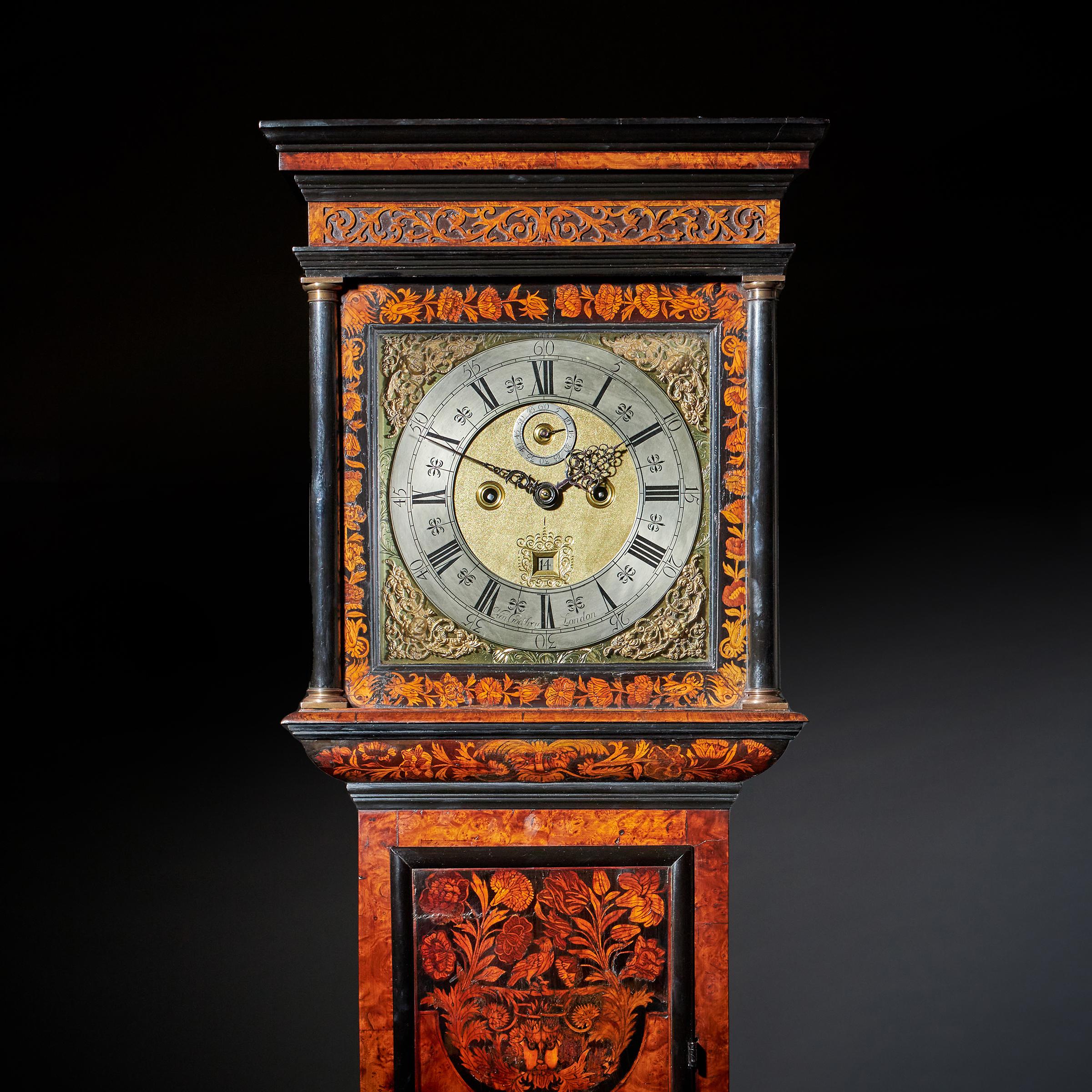 17th Century William and Mary Eight-Day burl Elm Floral Marquetry Longcase Clock 6