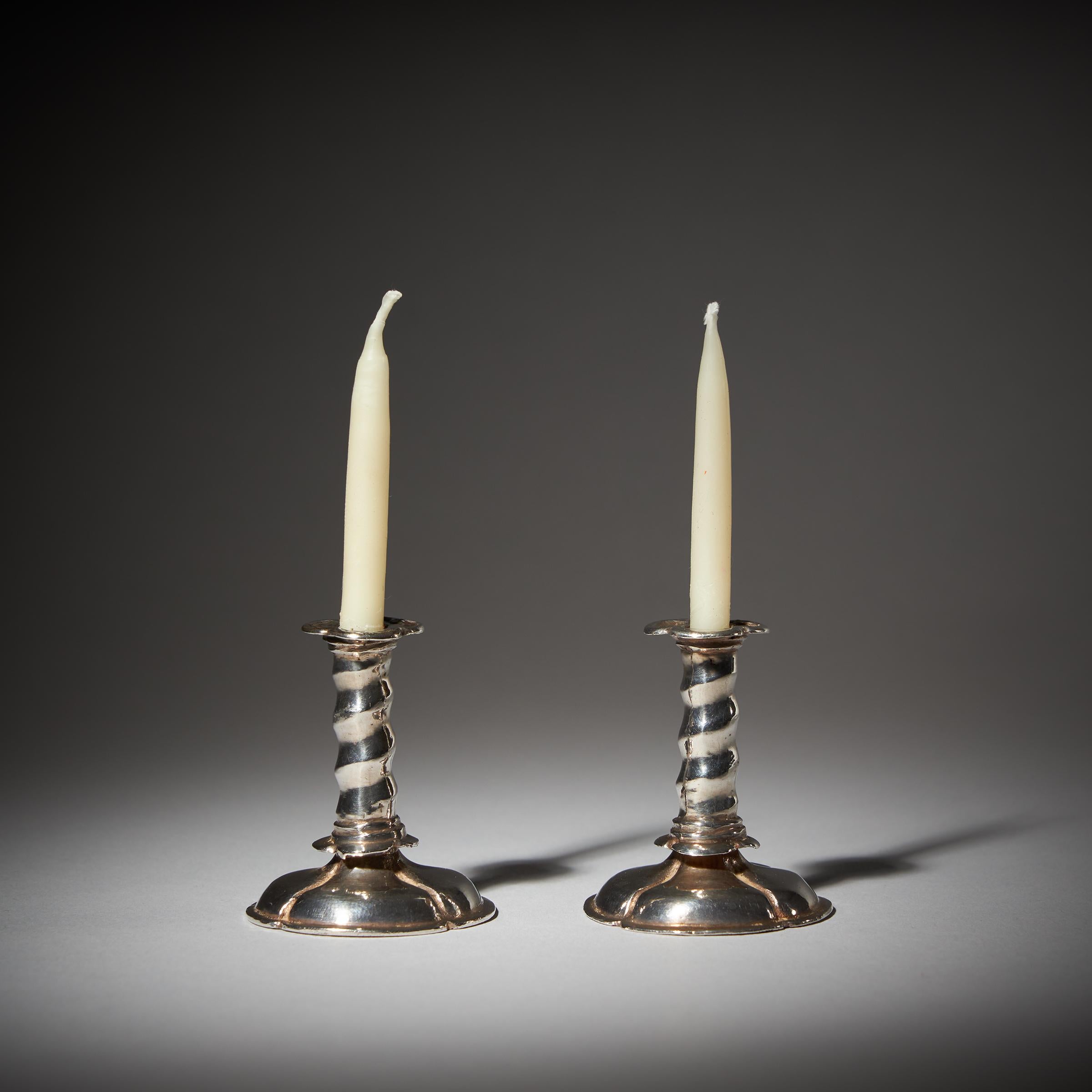 Rare 17th Century Charles II Miniature Silver Trumpet form Candlesticks, C 1660 1
