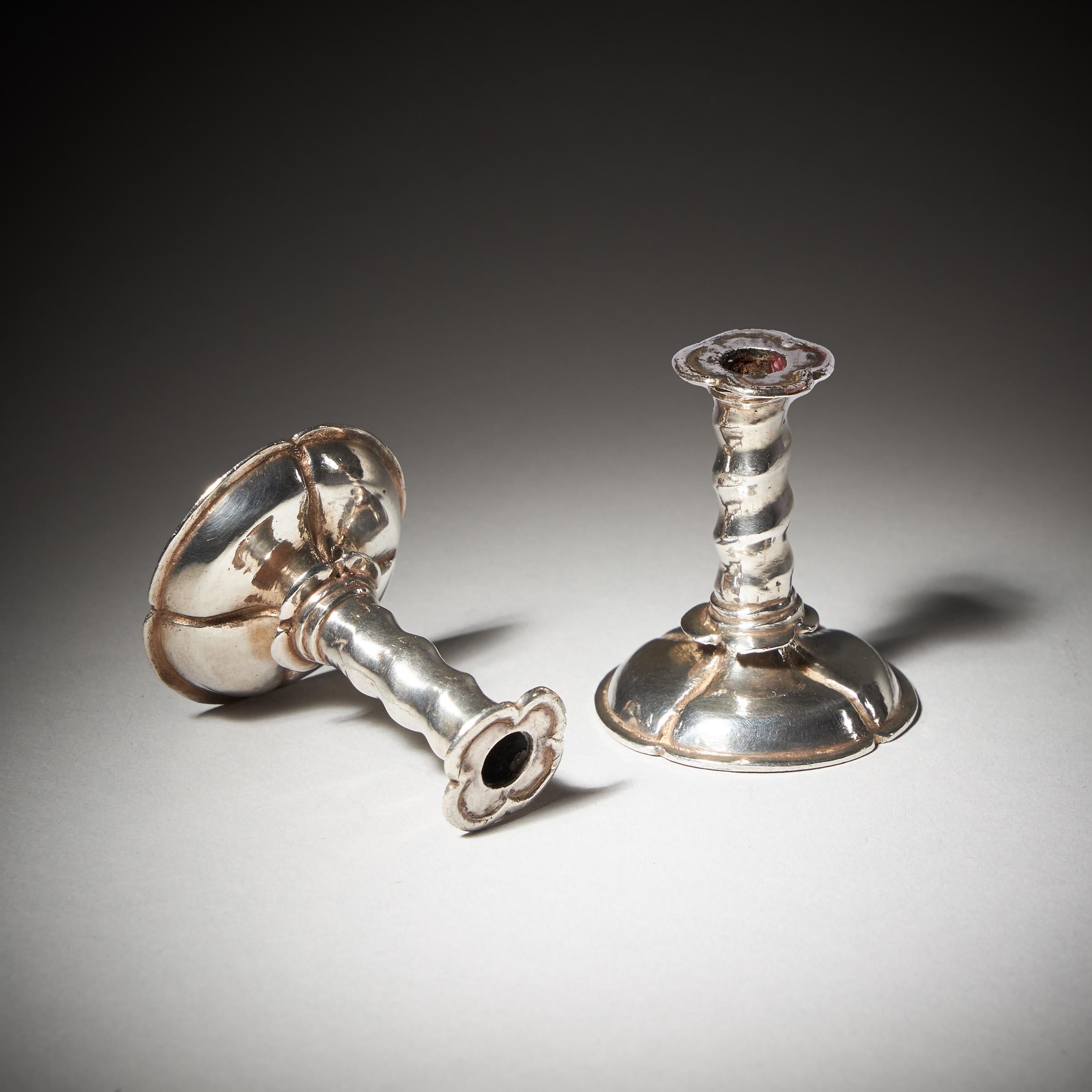 17th Century Charles II Miniature Silver Trumpet form Candlesticks-10