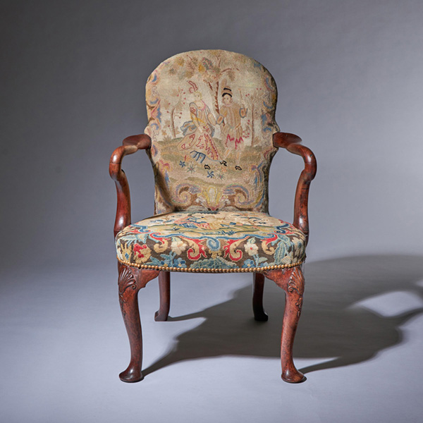 18th Century George I Walnut Shepherds Crook Arm Chair with Period Needlework