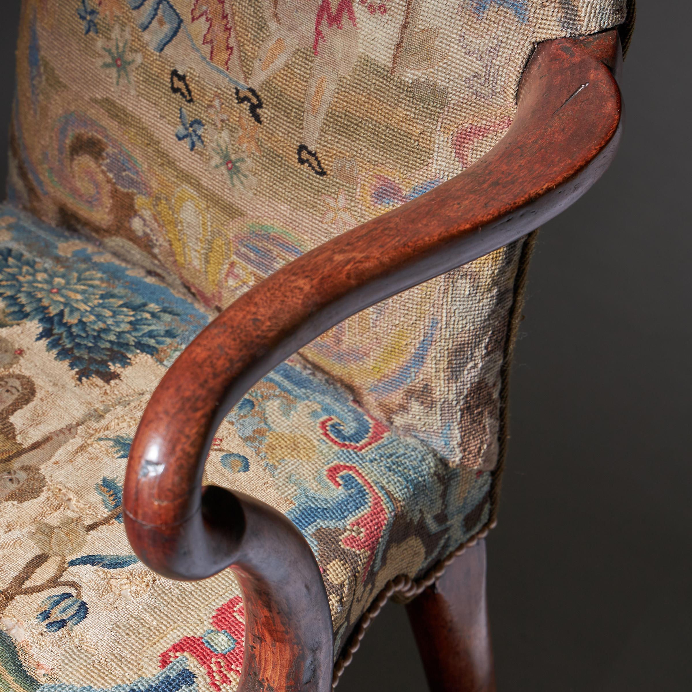 18th Century George I Walnut Shepherds Crook Arm Chair with Period Needlework 17