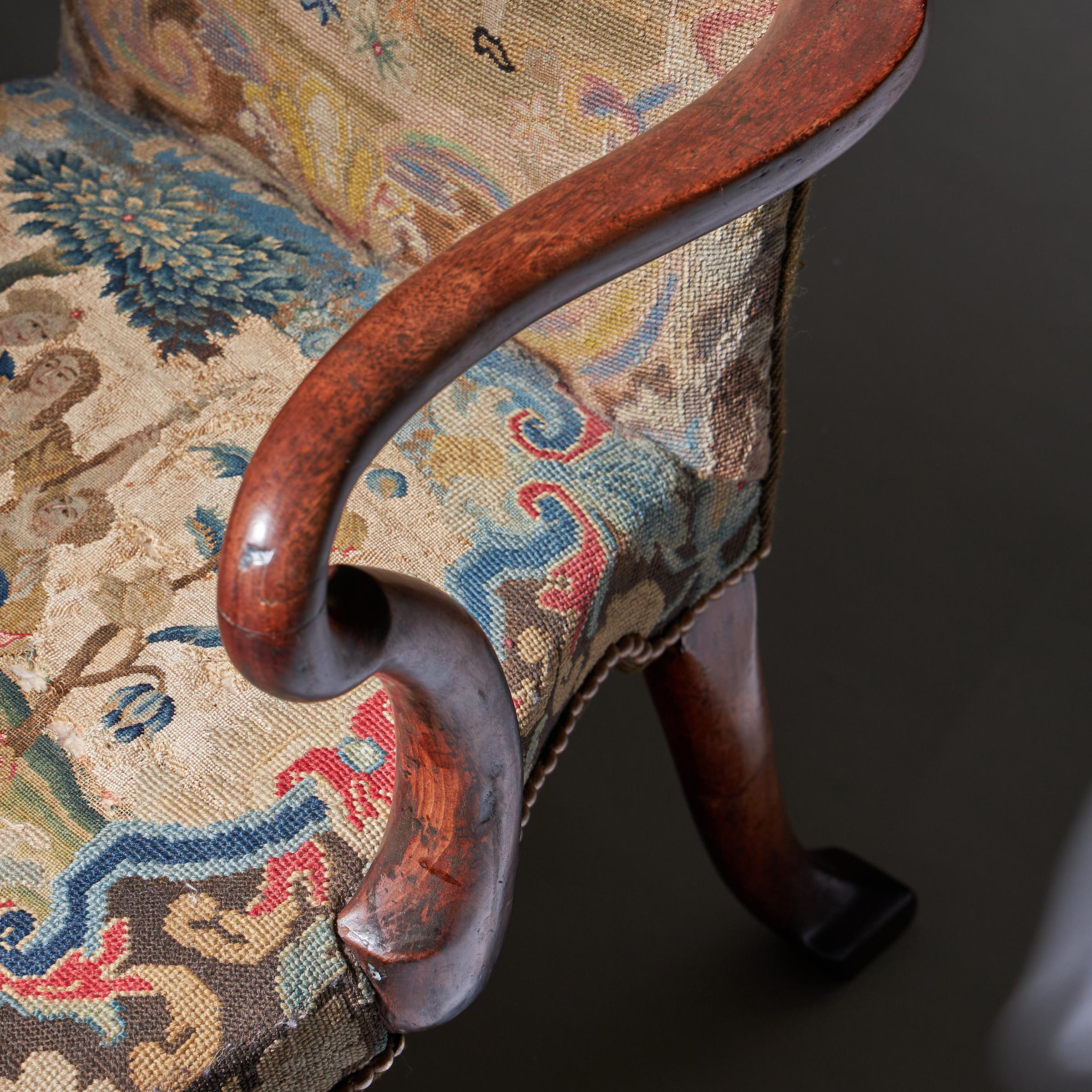 18th Century George I Walnut Shepherds Crook Arm Chair with Period Needlework-18