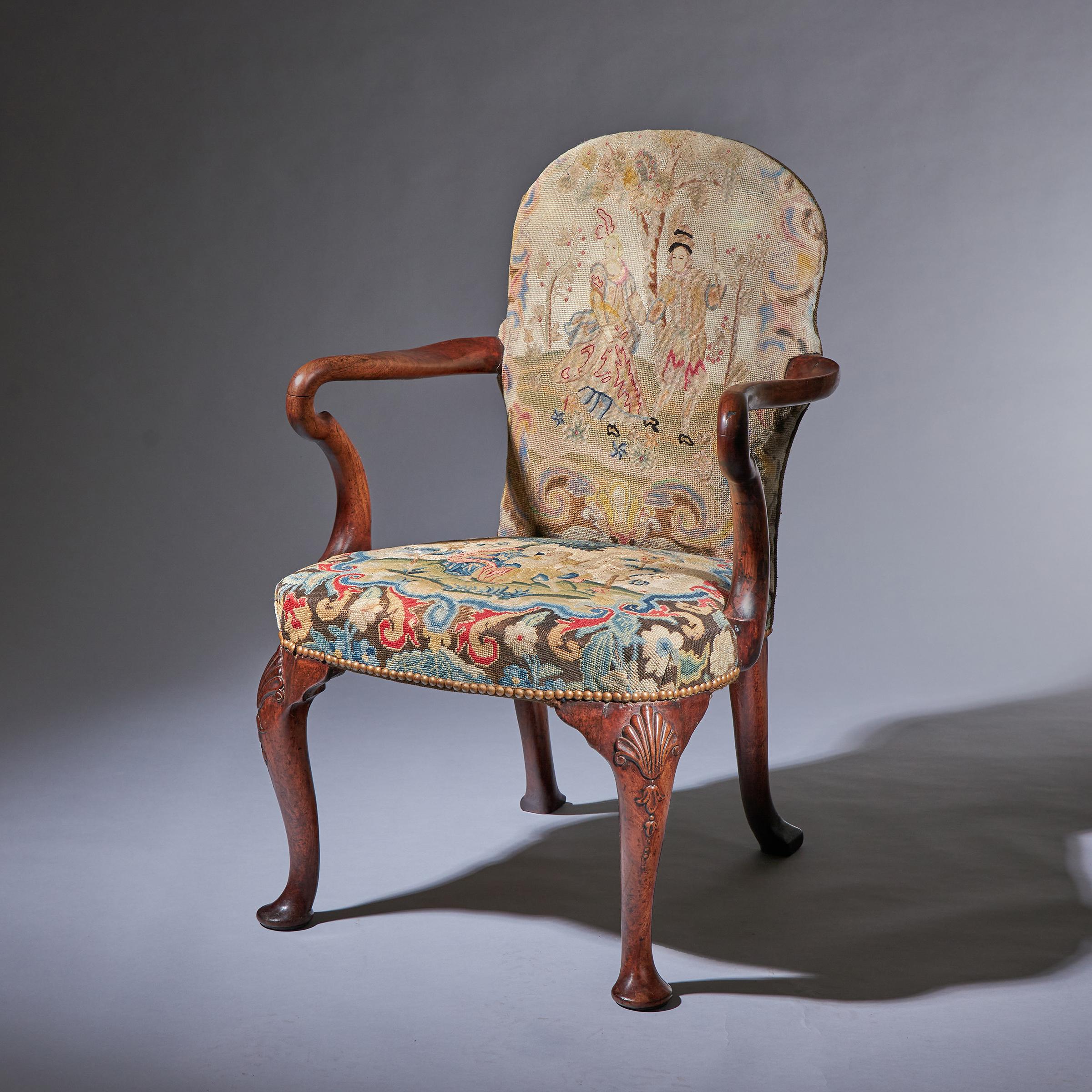 18th Century George I Walnut Shepherds Crook Arm Chair with Period Needlework 2
