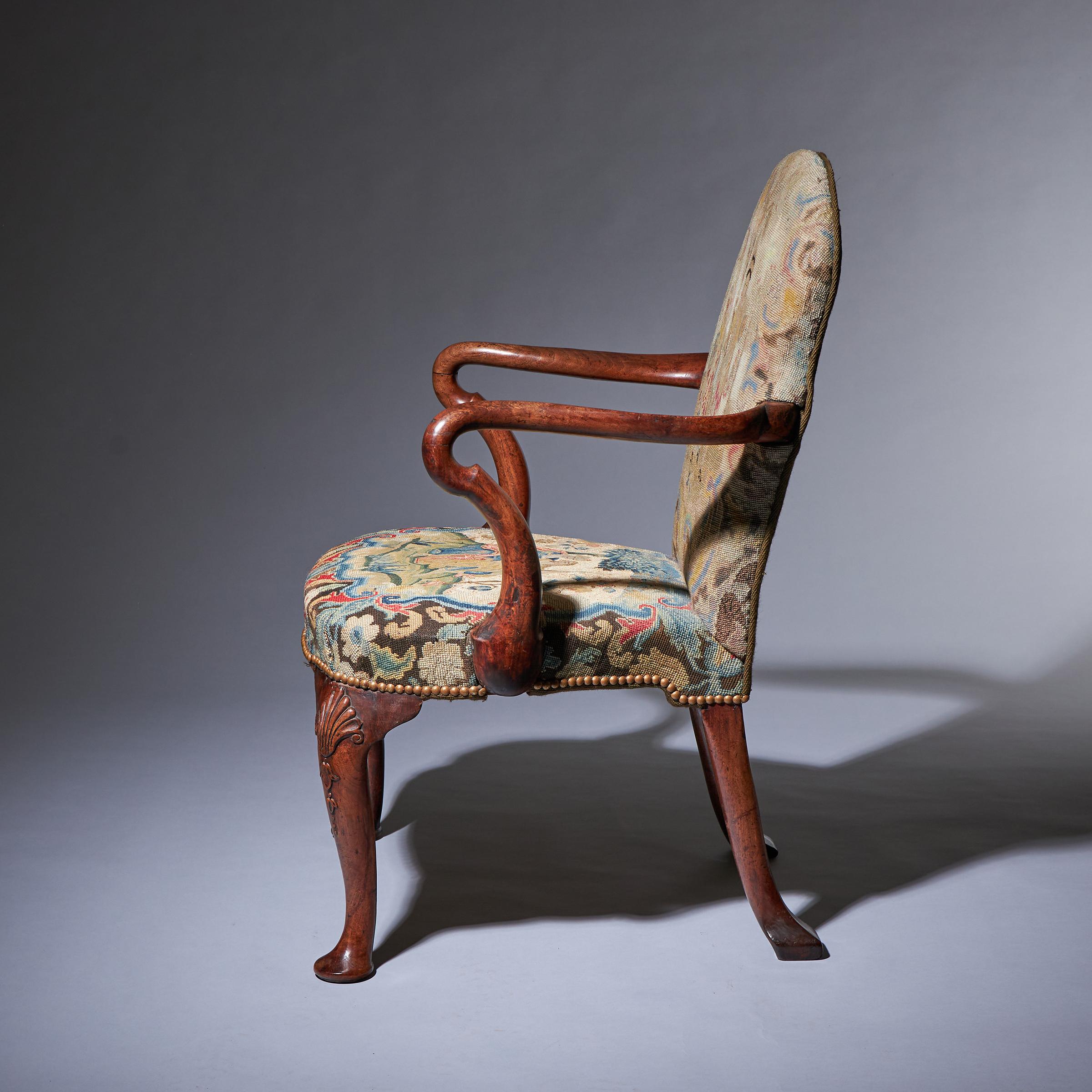 18th Century George I Walnut Shepherds Crook Arm Chair with Period Needlework 3