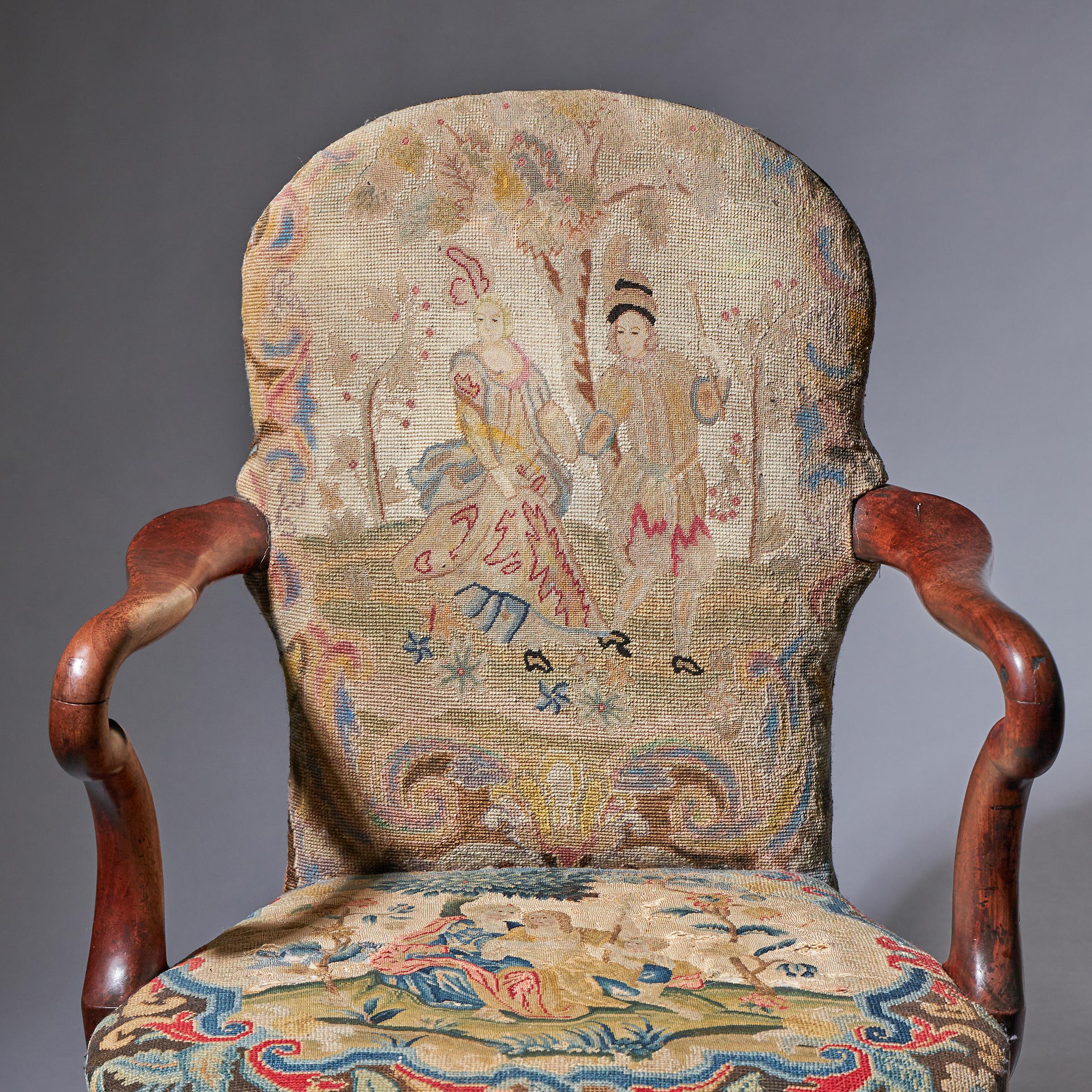 18th Century George I Walnut Shepherds Crook Arm Chair with Period Needlework-4