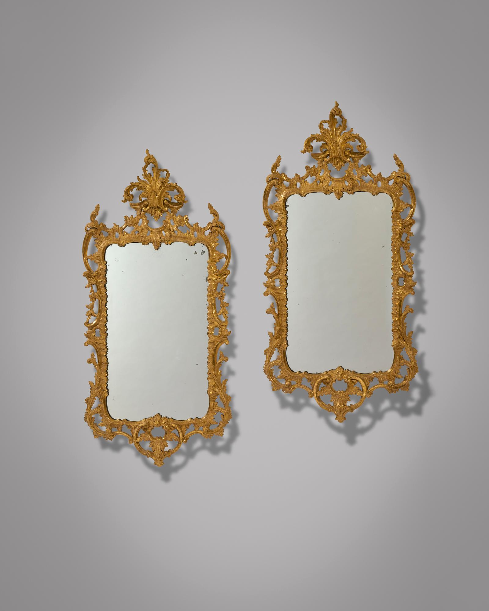A Rare Pair of George III 18th Century Rocco Giltwood Mirrors, Circa 1750-1760-1