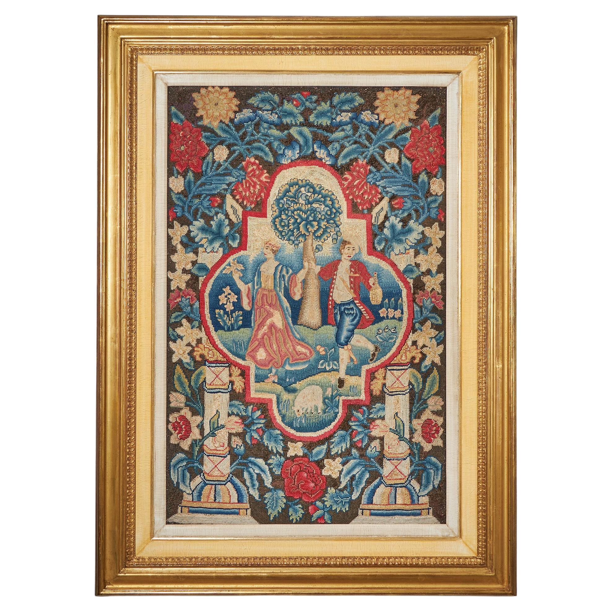 A Rare and Vibrant Framed 18th Century George II Needlework Picture, Circa 1730-7