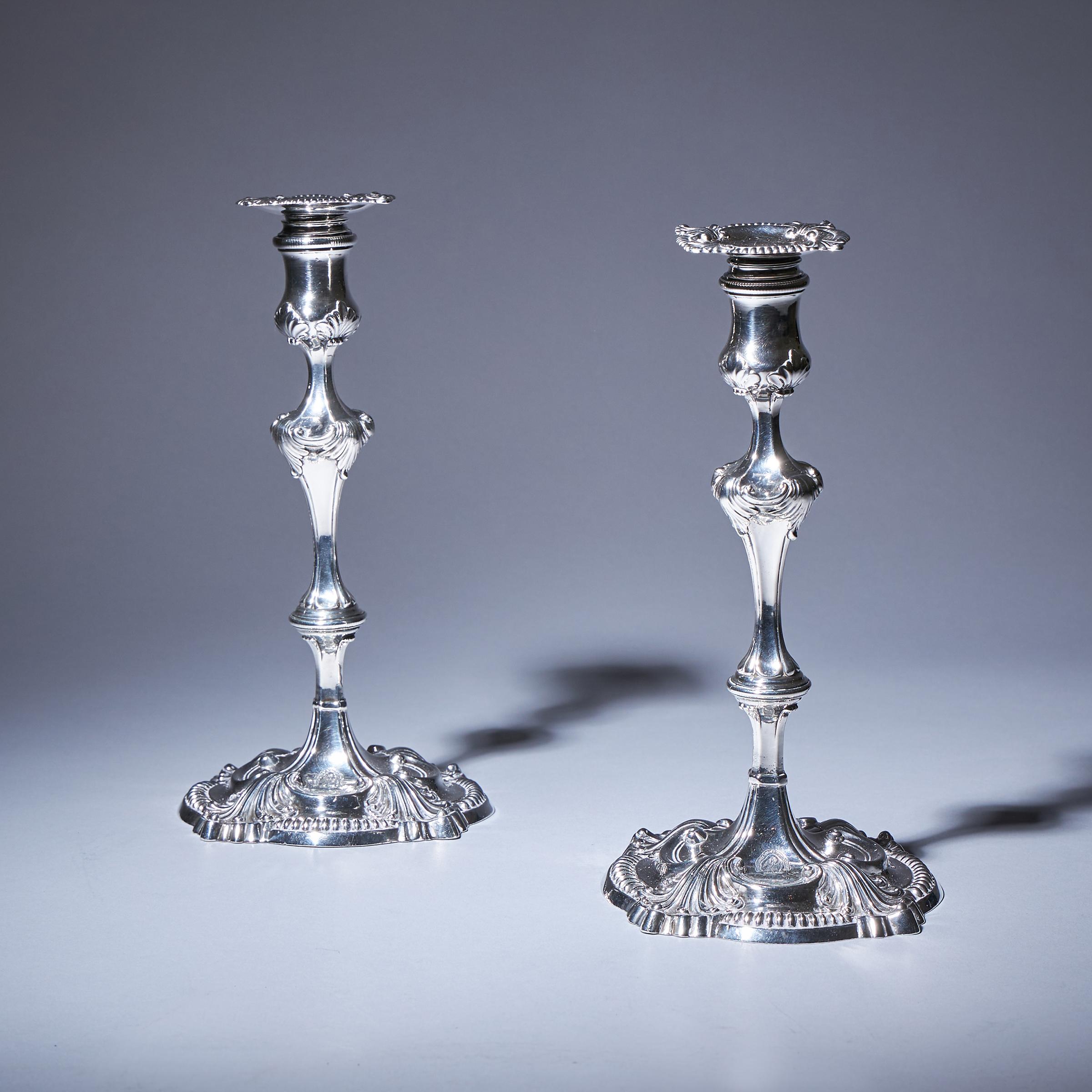 Pair of 18th Century George III Silver Candlesticks by David Bell, London, 1762 1