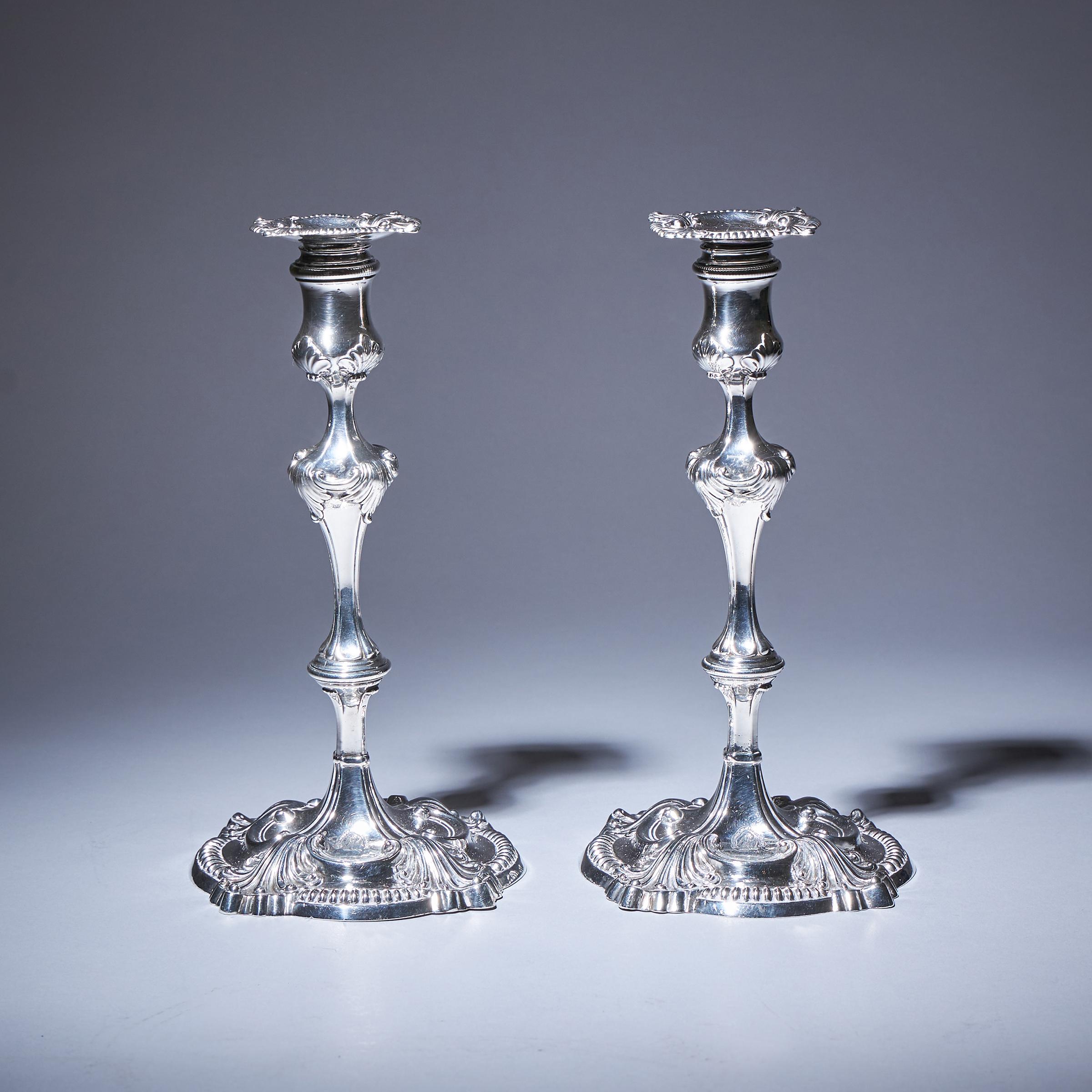 Pair of 18th Century George III Silver Candlesticks by David Bell-2