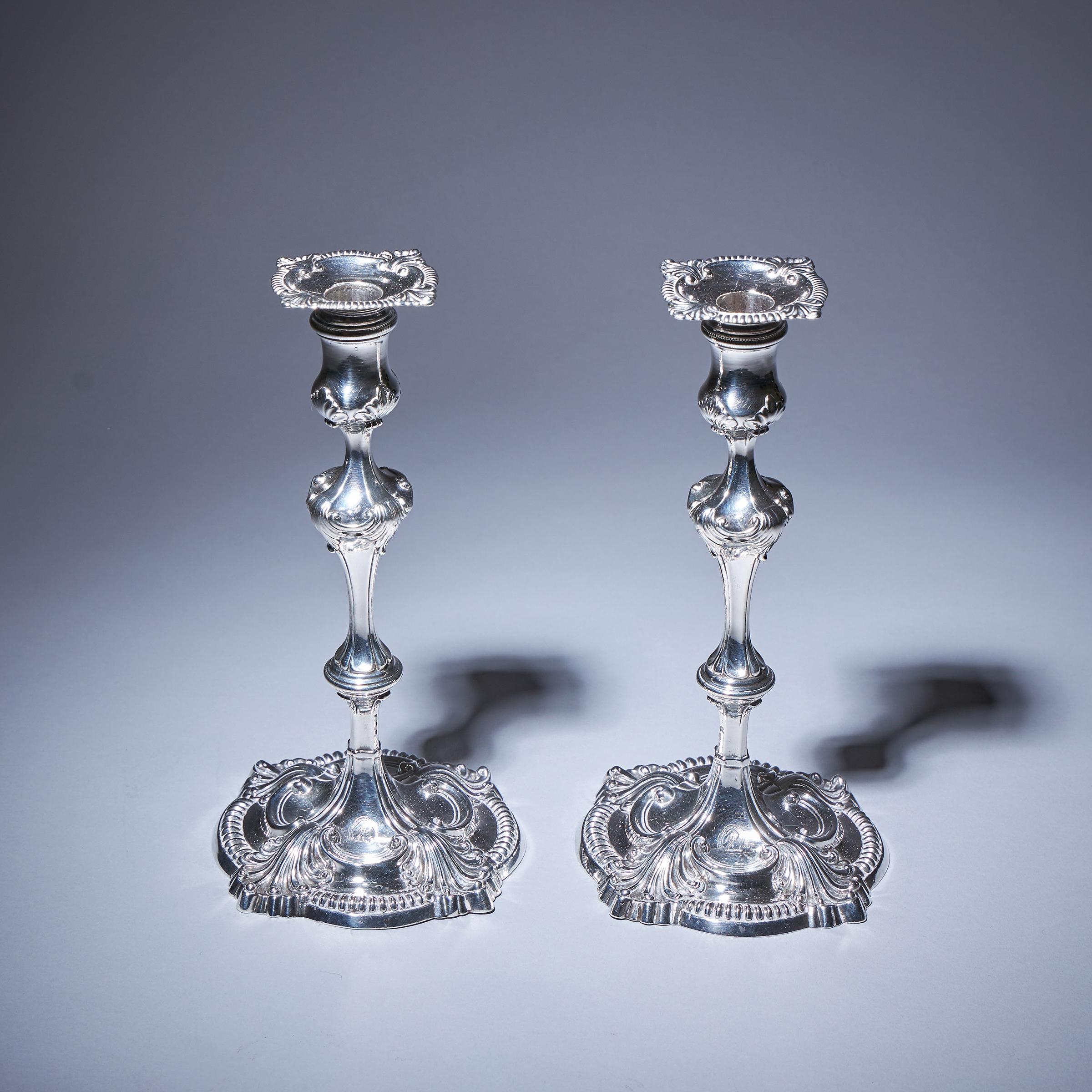 Pair of 18th Century George III Silver Candlesticks by David Bell, London, 1762 3